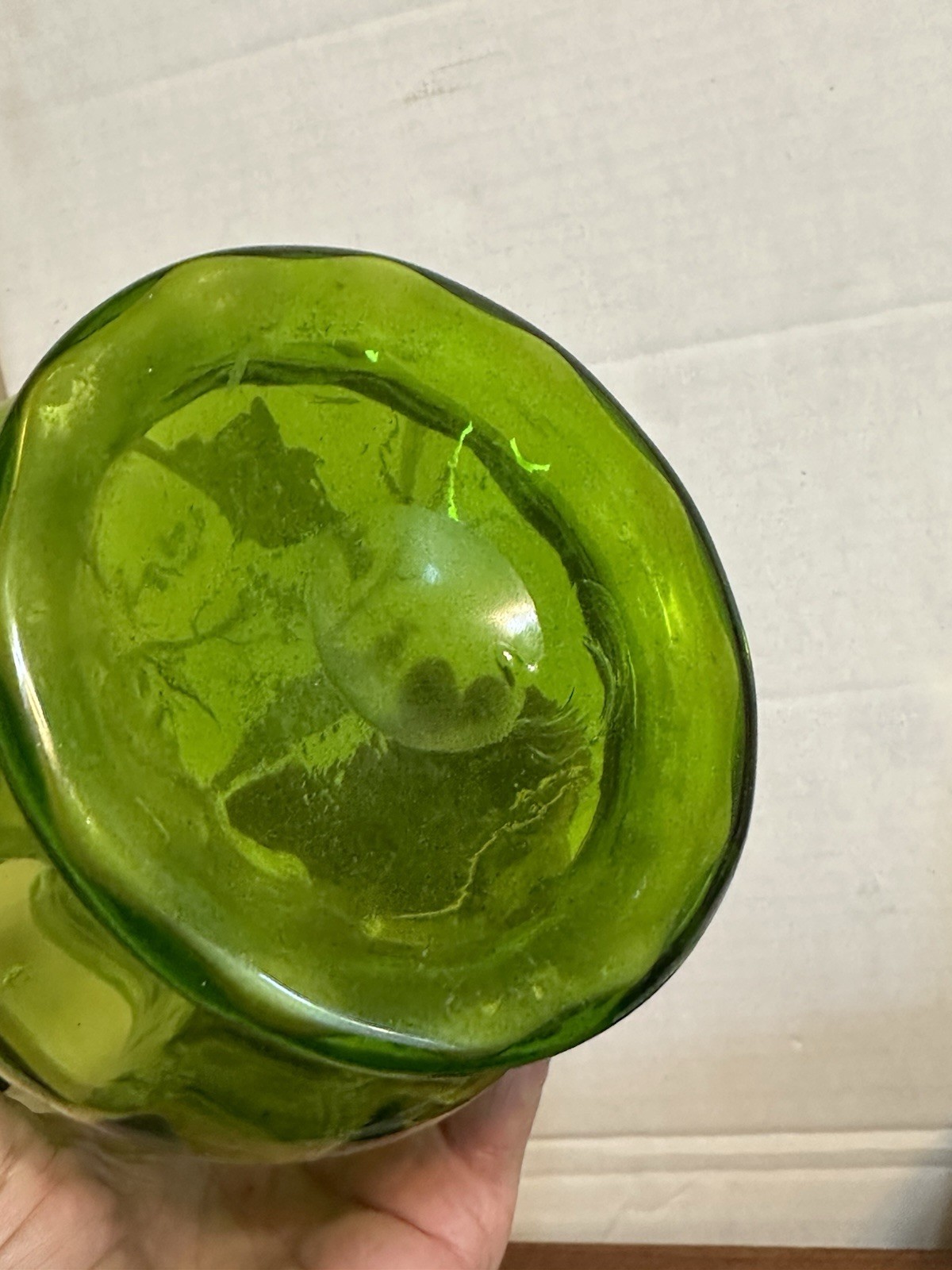 Antique Victorian Green Glass Hand Blown Pitcher 3-D Enamel Work Grape Vines