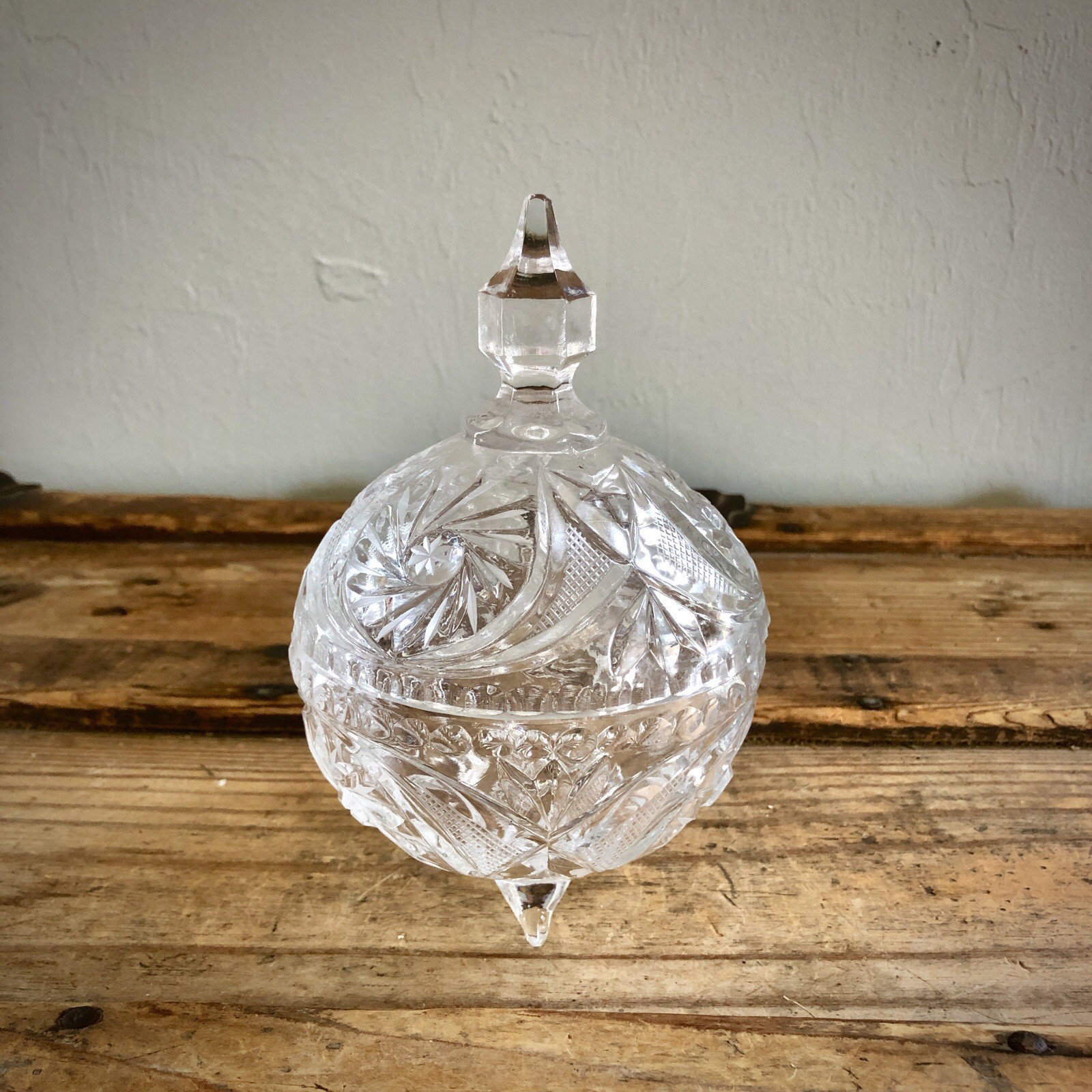 Lead Crystal Clear Cut Glass Footed Candy Trinket Dish With Lid
