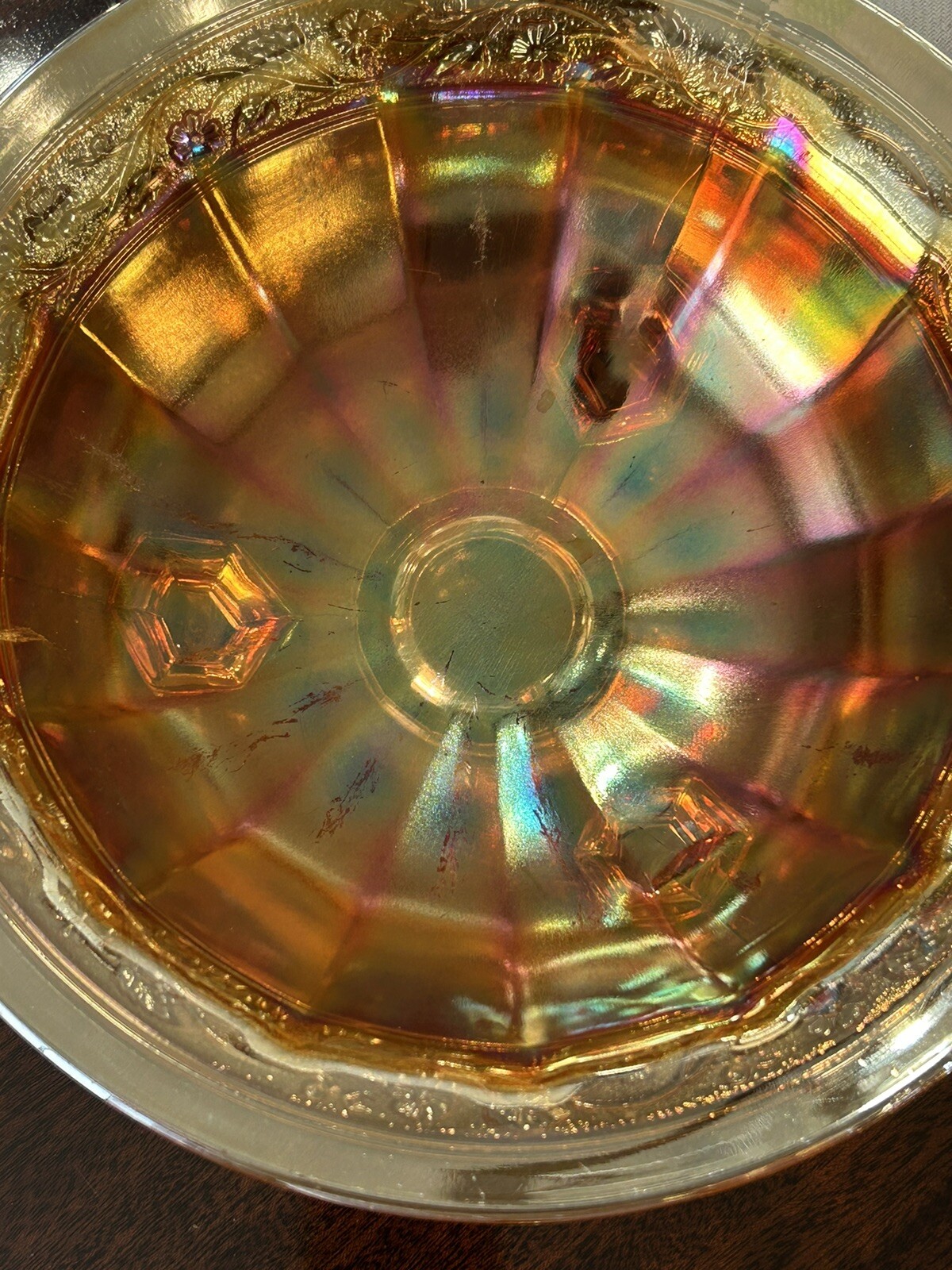 Vintage Carnival Marigold Iridescent 3 Footed Bowl – Floral & Foliate Pattern 9”