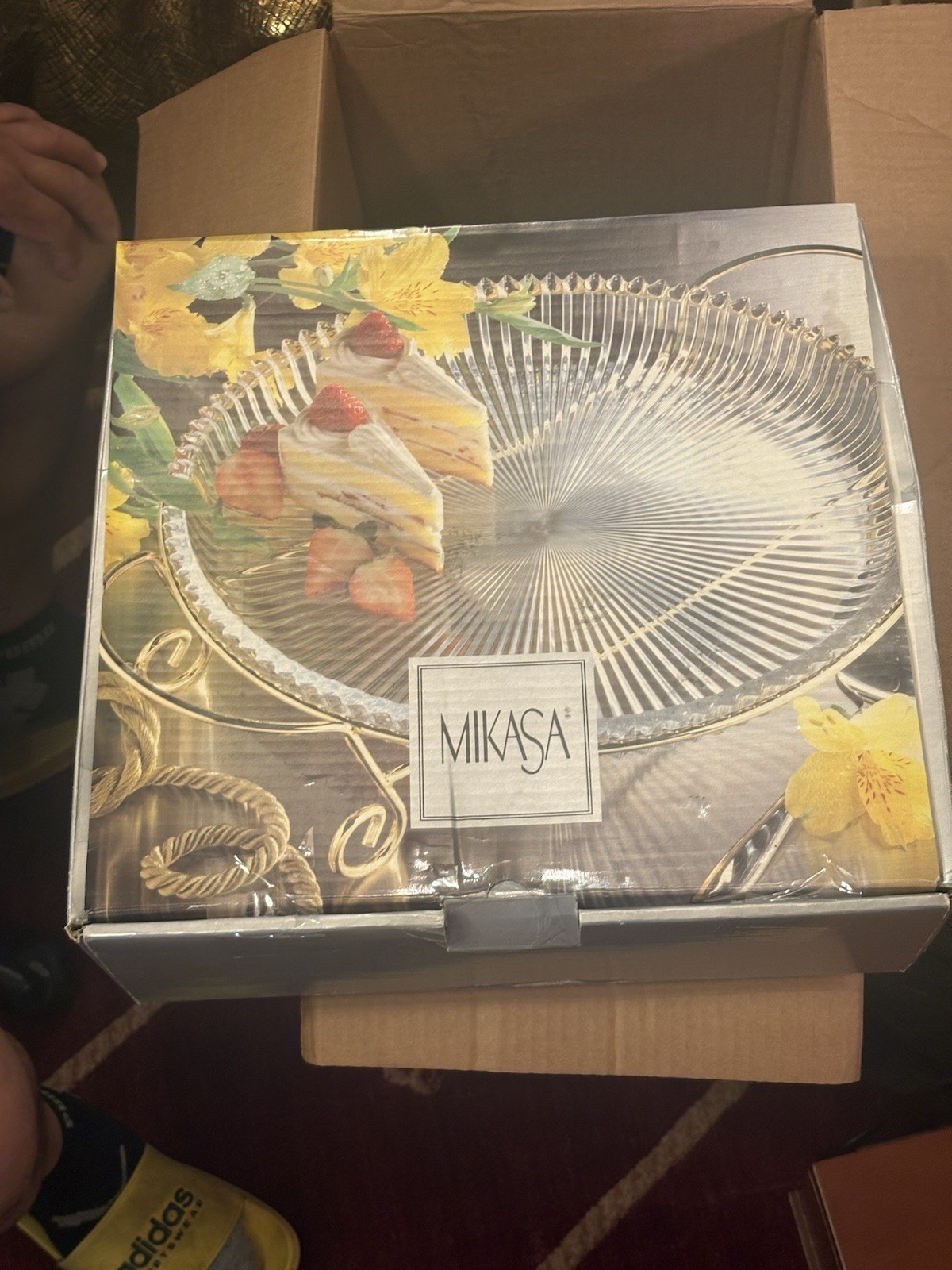 Mikasa Diamond Fire WY247 Round Platter Gold Stand Vintage Crystal Cake Tray New