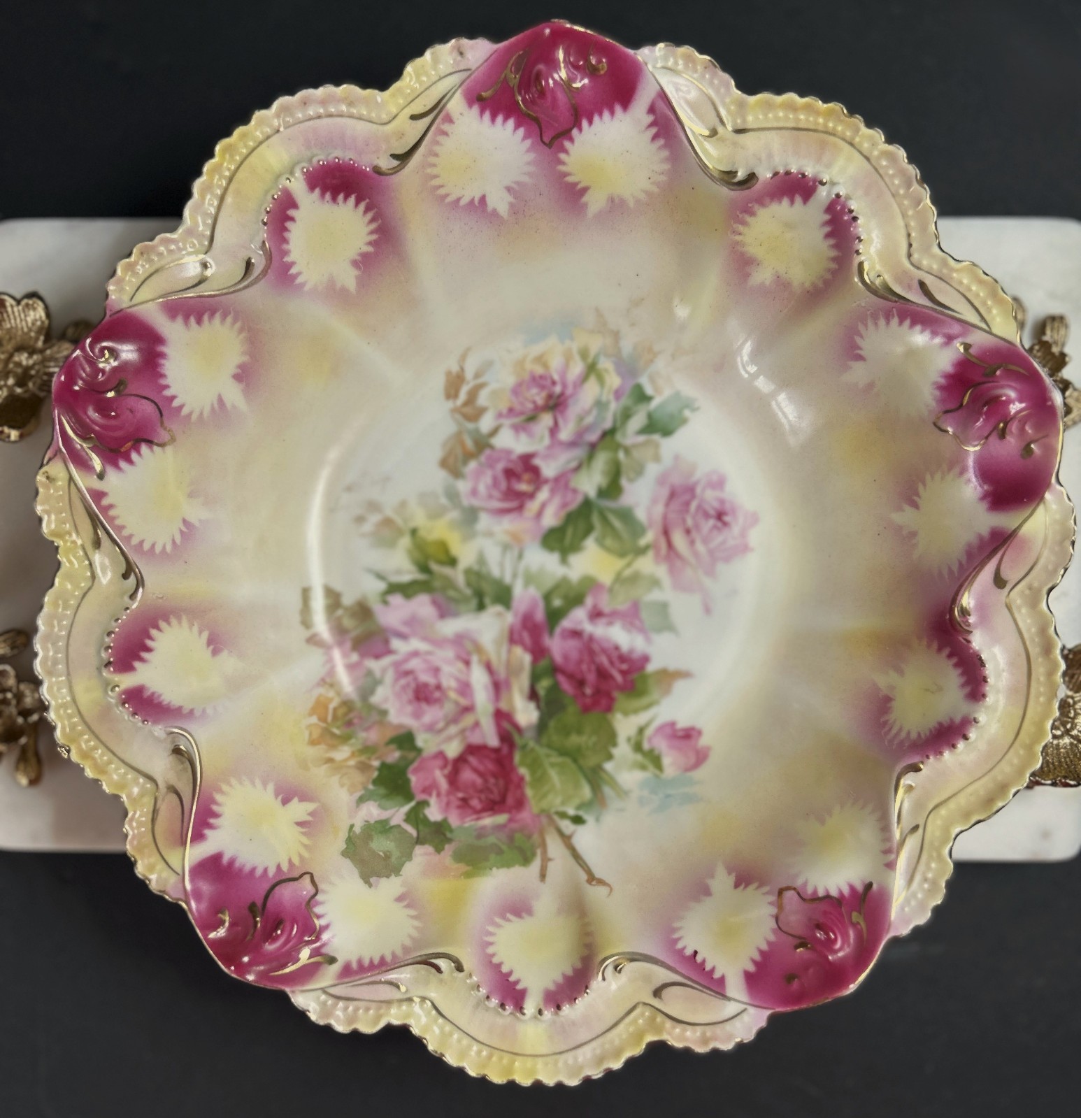 Original Antique RS Prussia Floral Bowl Cream & Pink Signed Red Mark EXCELLENT