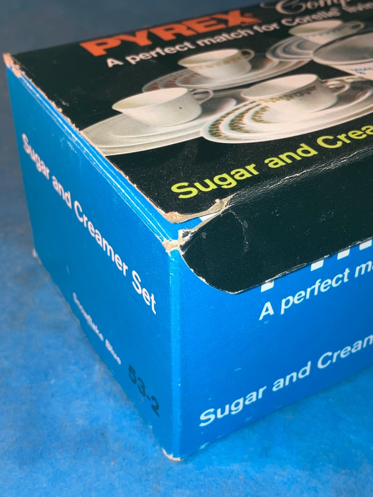 Pyrex Sugar Bowl and Creamer Set Snowflake Blue, with Lid and Box