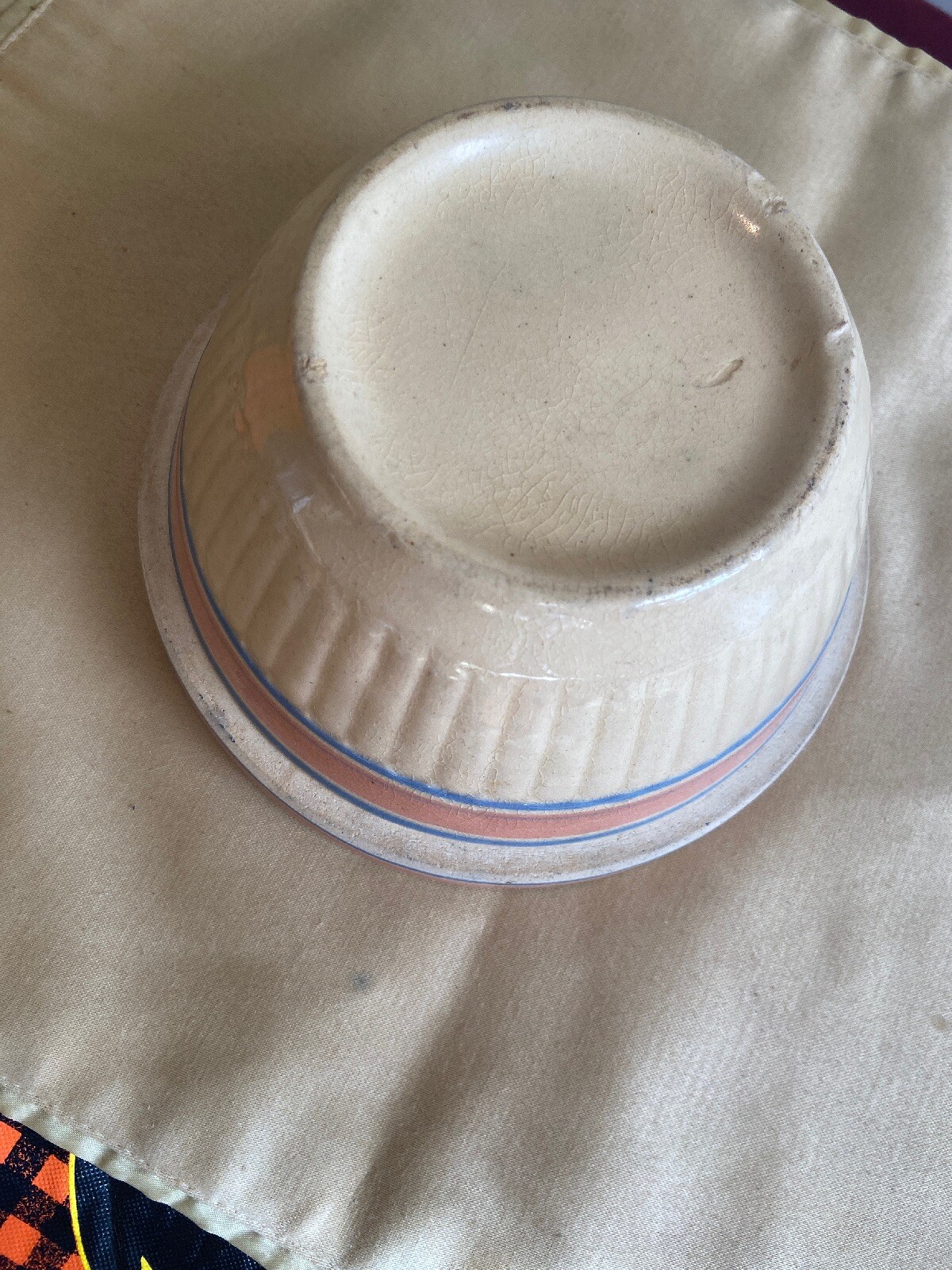 Antique Yelloware Bowl Nesting Mixing Blue Pink Stripes Small 6.25 in. #2 Bx1