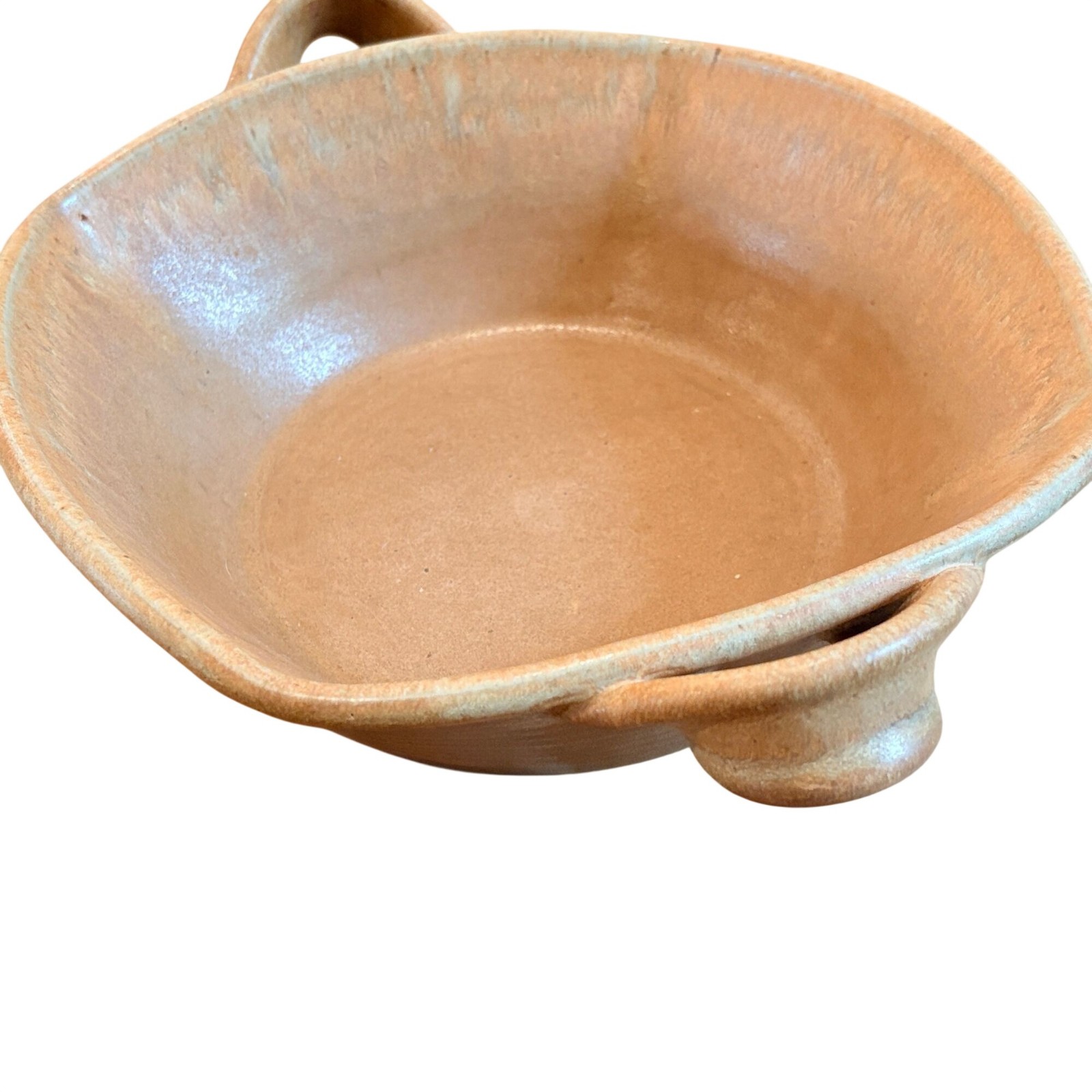 Studio Pottery 12″ Bowl w/ Handles Rustic Brown Stoneware Signed Unique