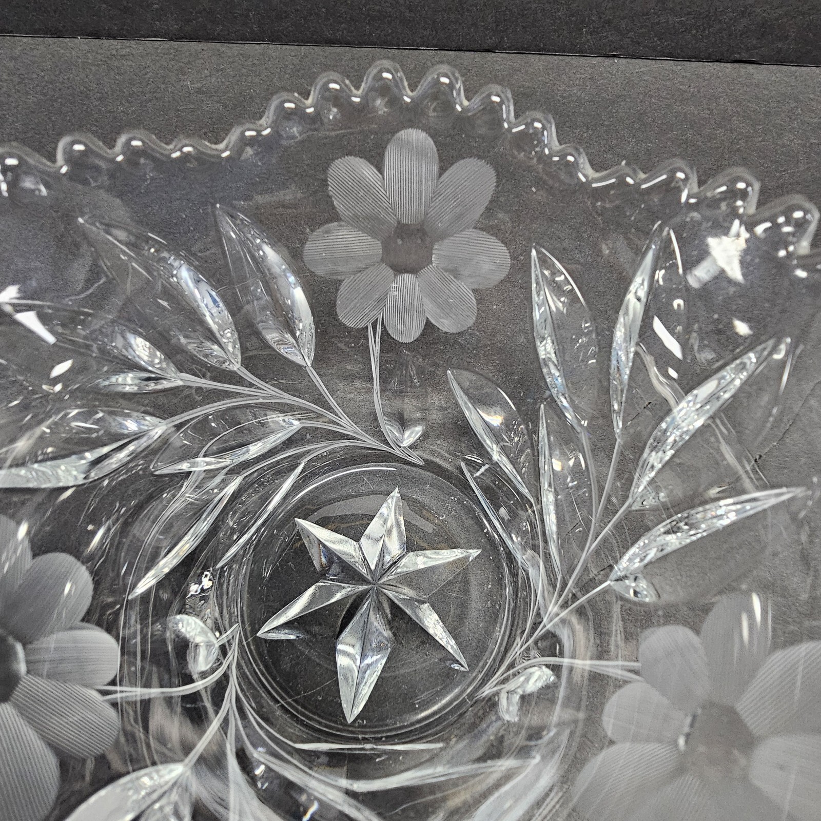 Lead Crystal Bowl Candy Nut Dish Etched Flowers Scalloped Edge Star Bottom
