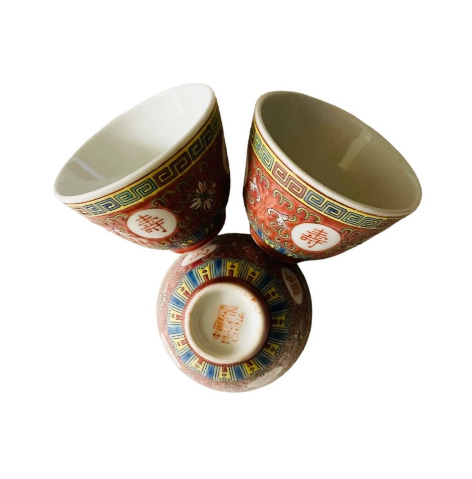 Set Of Three Chinese Red Shou Tea Cups 1970’s Original Production Made In China