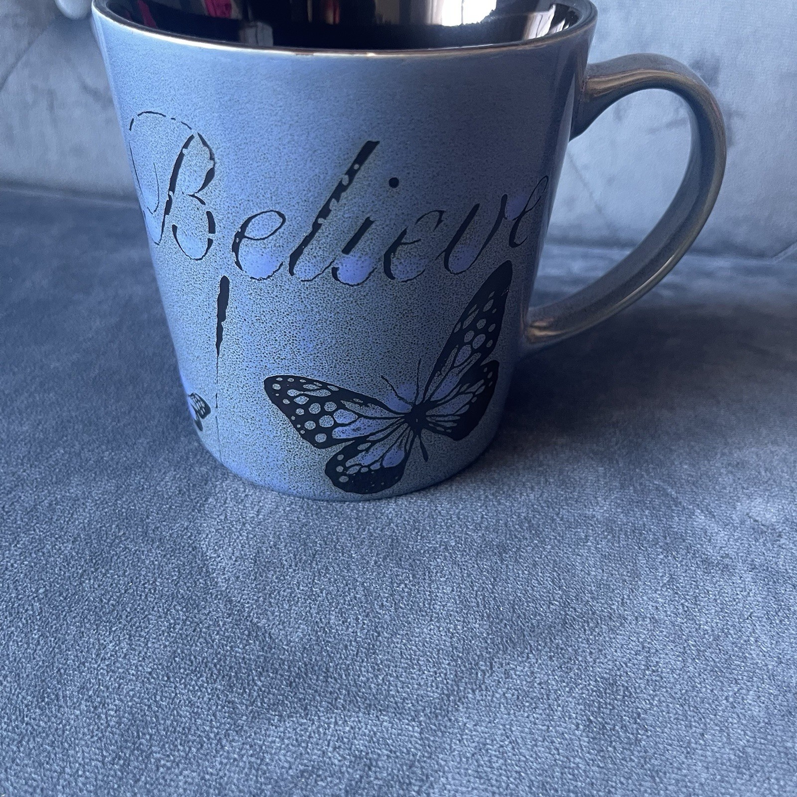 Pfaltzgraff Coffee Mug BELIEVE Tea Cup Blue Butterfly Large 16 Oz 4.25 X 4”