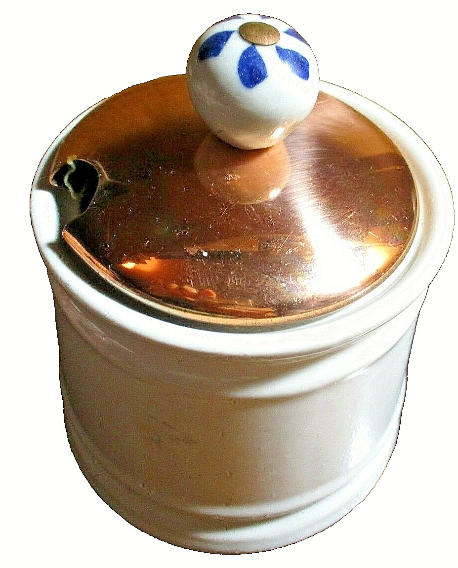 White Creamer & Sugar Bowl w/Copper-Tone Lid Vintage Original Farmhouse M25