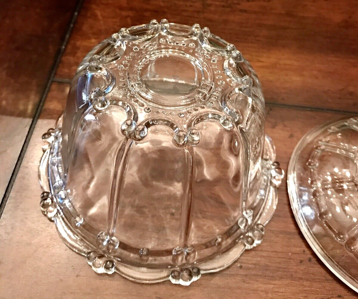 Vintage 5″ Indonesia KIG Clear Beaded Glass Dainty Candy Dish With Lid
