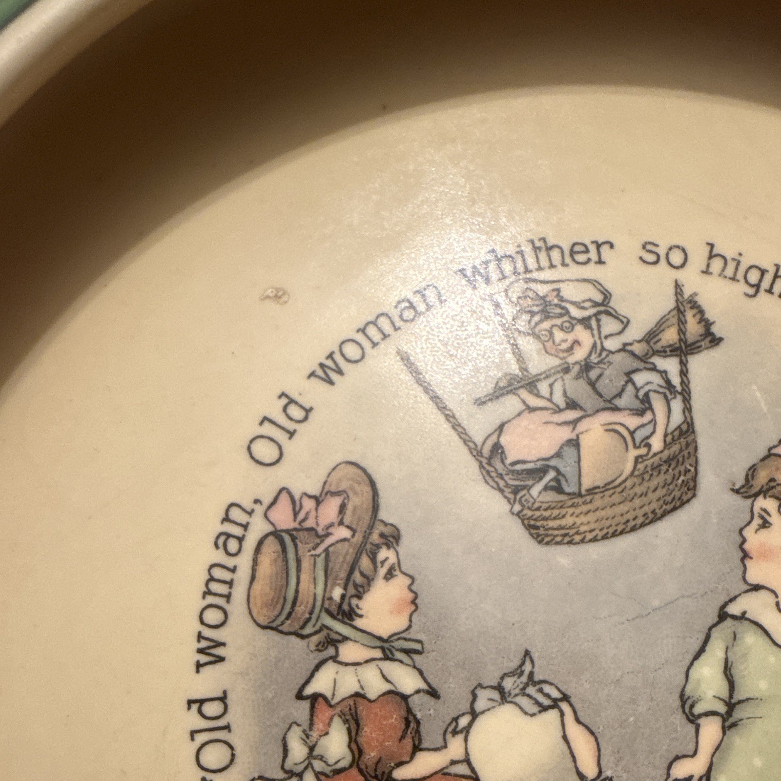 Ceramic Pottery Nursery Rhyme Bowl Beige w/ Green Rim Glossy 8 in Round