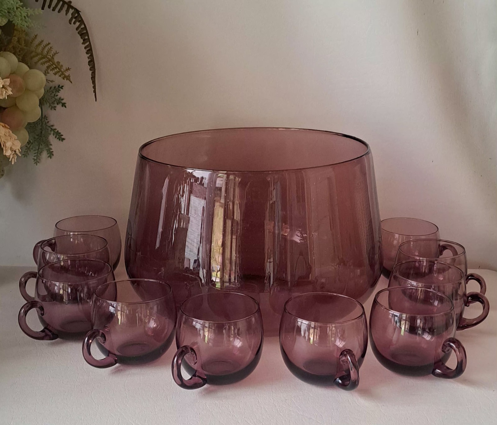 Vintage Made In Italy Murano Amethyst Purple Glass Punch Bowl Set
