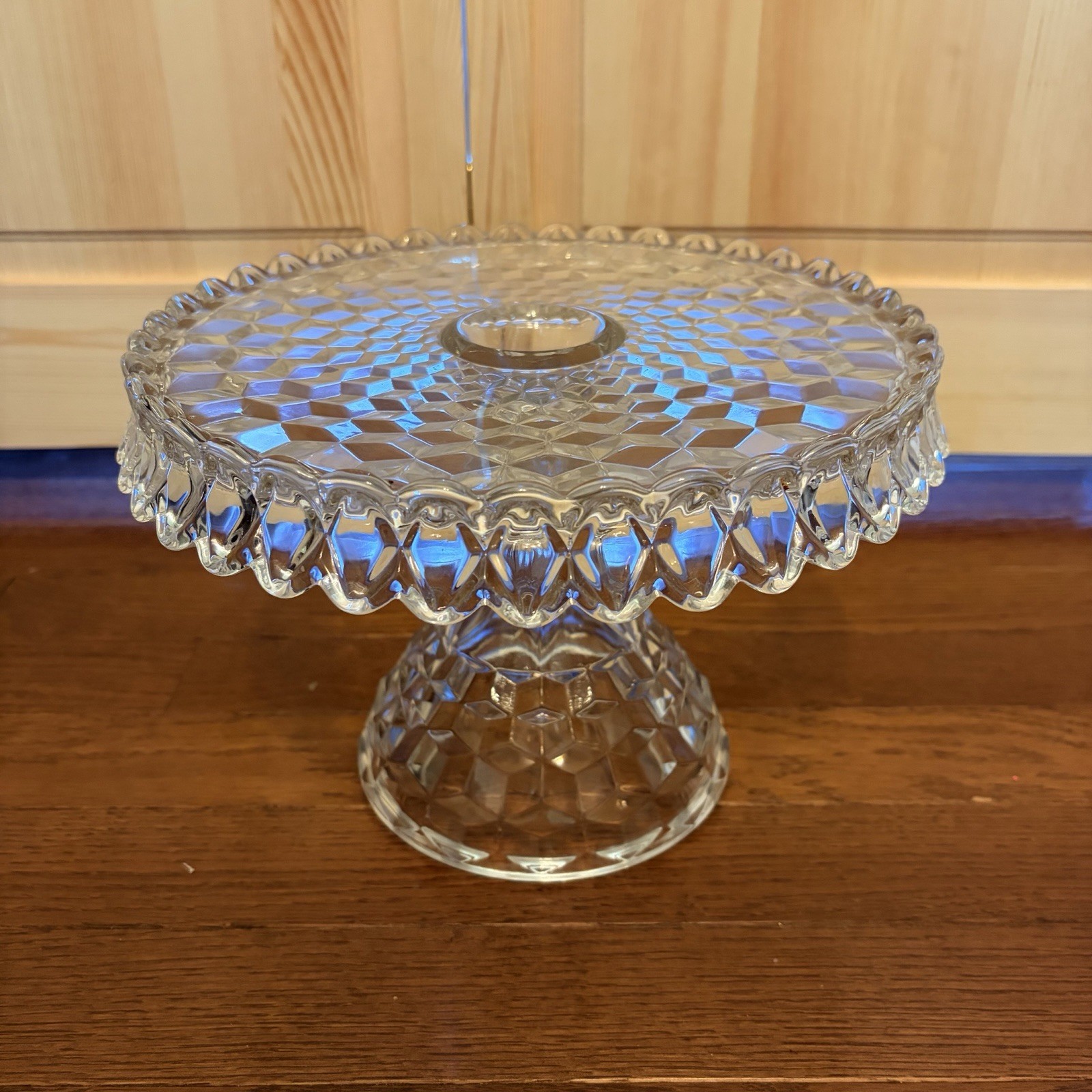 Vintage Fostoria American Cubist Round Pedestal Cake Stand w/Rum Well 10″ x 7″