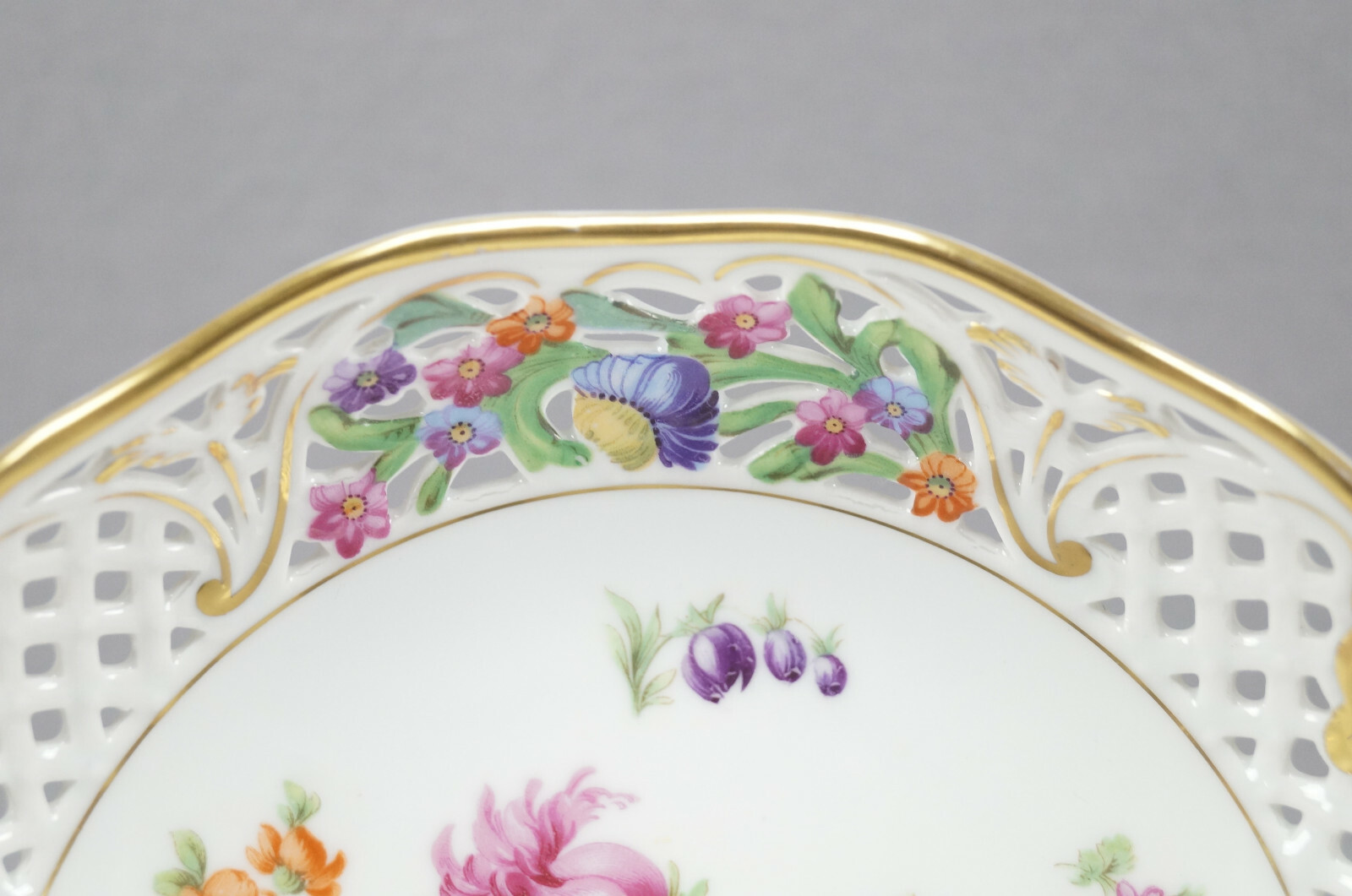 Carl Schumann Dresden Flowers & Gold Reticulated 8 1/8 Inch Bowl Circa 1932-1944