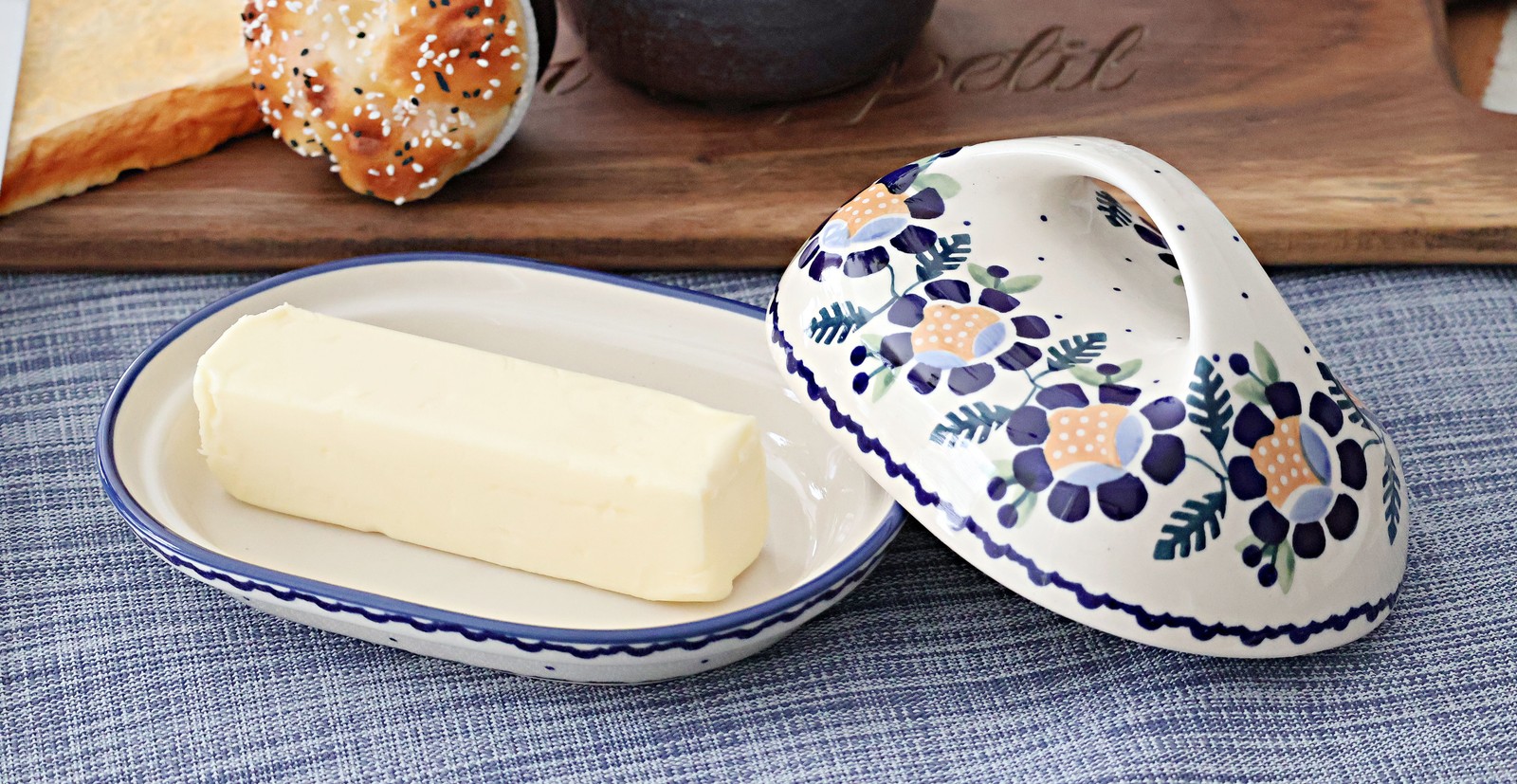 Blue Rose Polish Pottery Sunflower Butter Dish with Handle