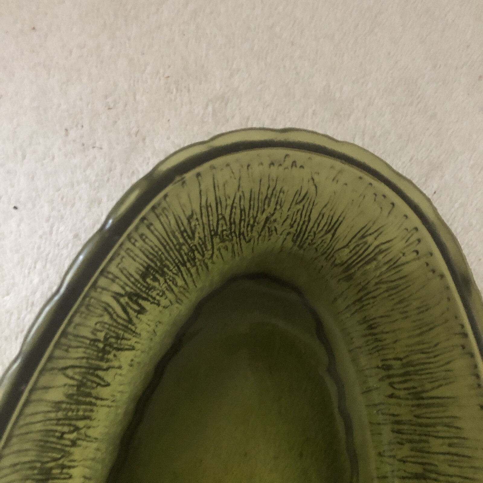 Oval Serve Dish Planter Bark Pattern 9.25×5.25×2.2 FTD 1975 Avocado Green Glass