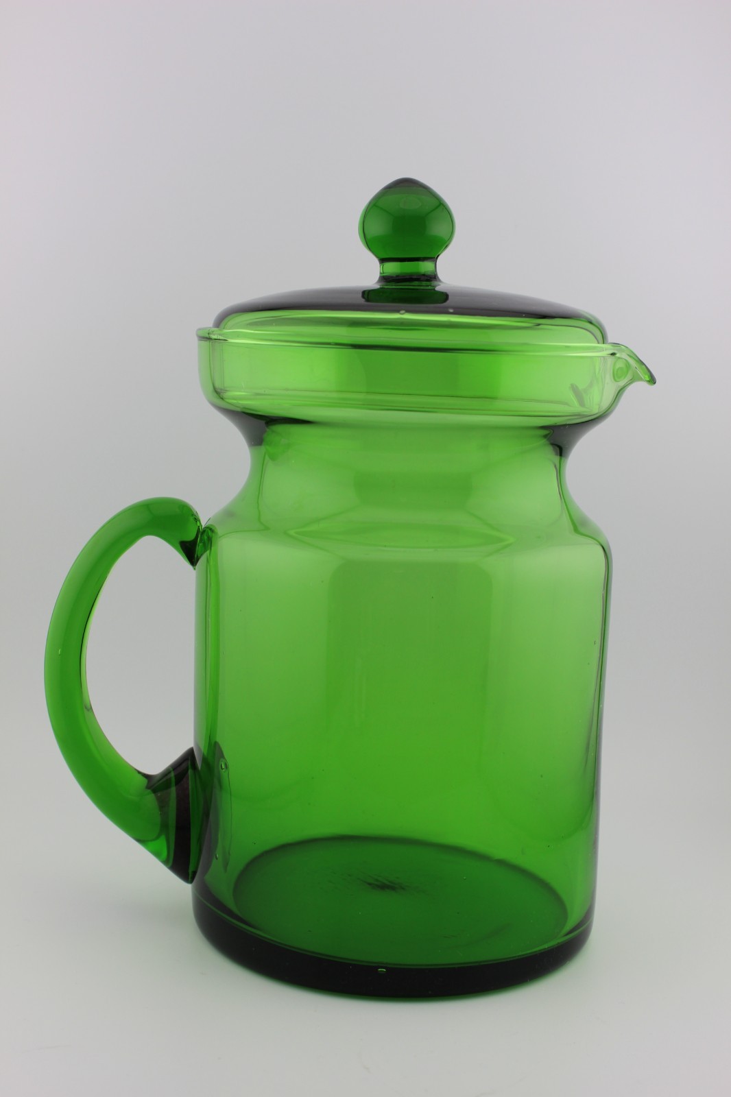 Hand-Blown Glass Drink Pitcher w/ Lid Forest Green MCM Applied Handle 9 3/8″ H
