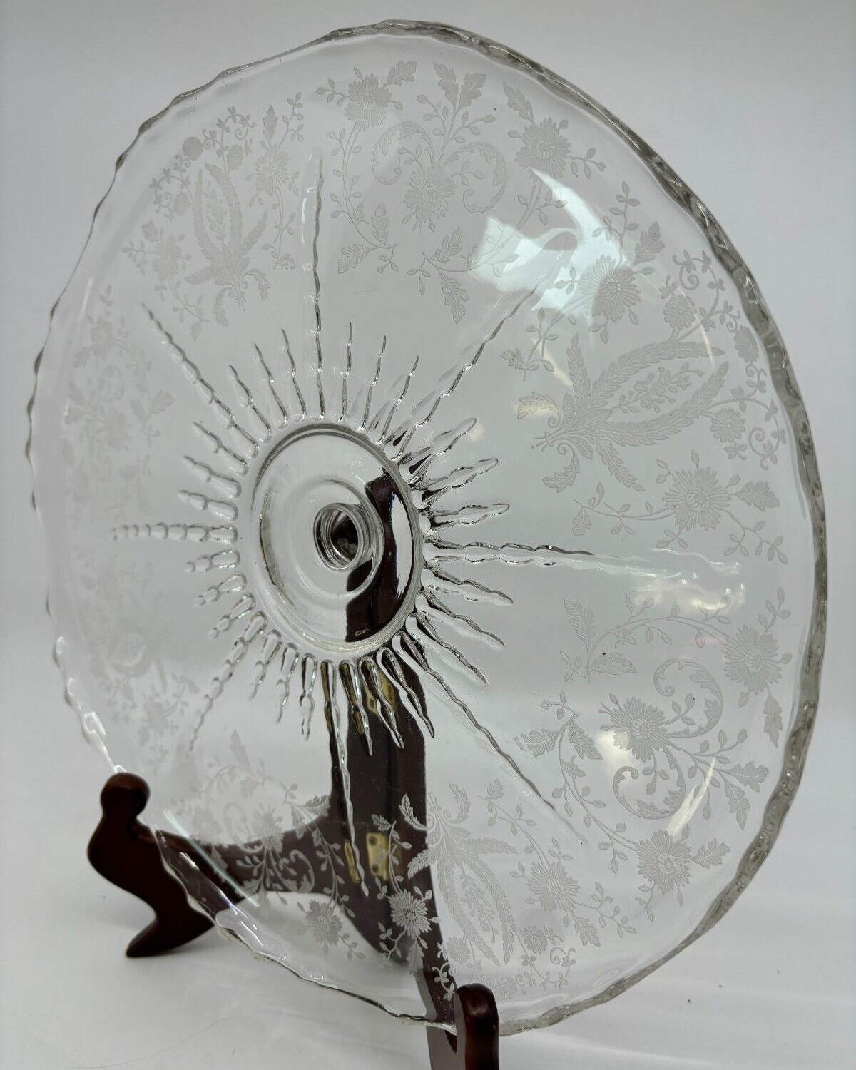 Vintage 1936-39 New Martinsville Radiance Etched Glass Prelude Cake Server w Peg