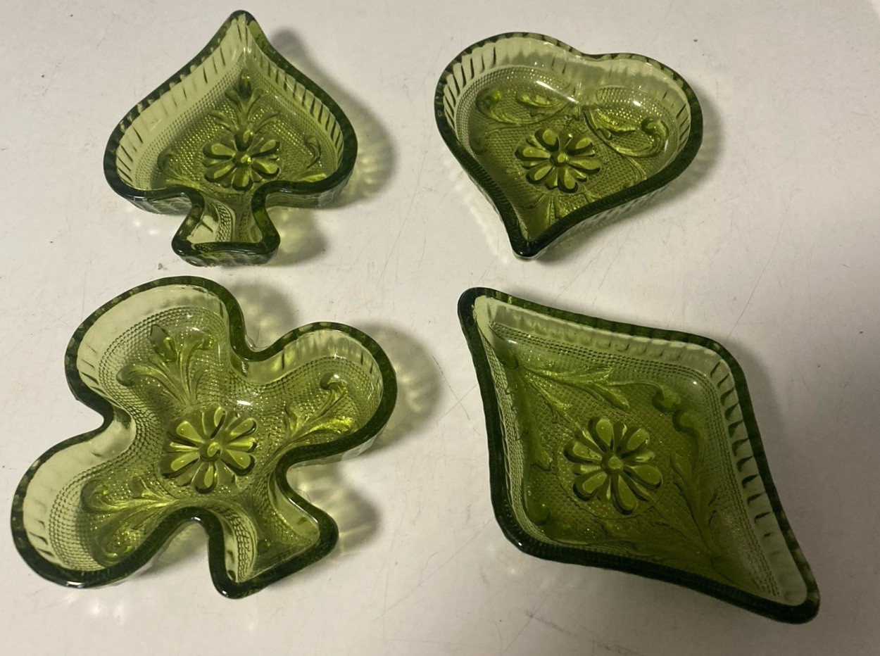 Vintage Indiana Glass Tiara Green Trinket Nut Dish Card Suits Complete Set of 4