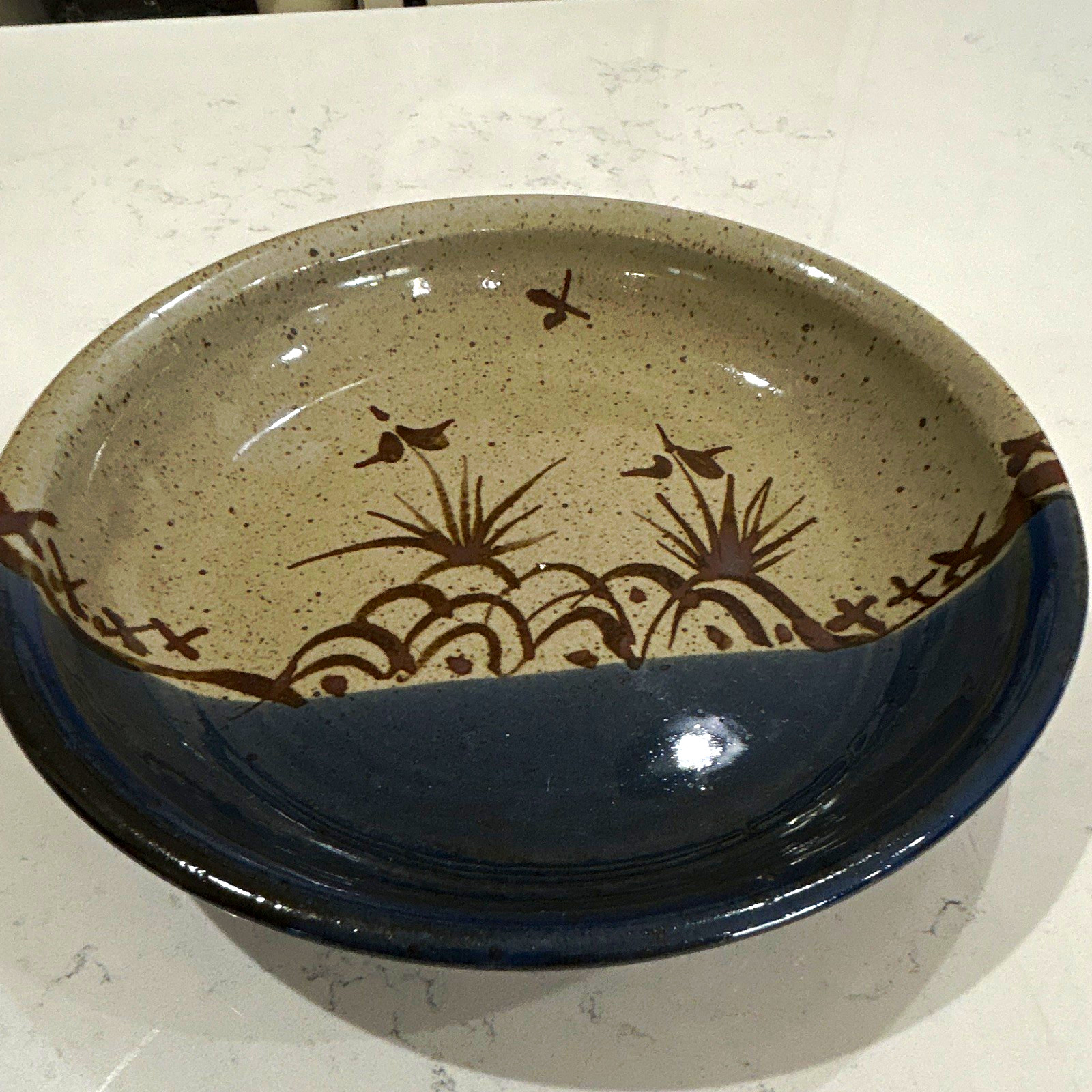Sandy Gekosky 1997 Signed Studio Pottery Bowl Blue Landscape Birds 10.25”