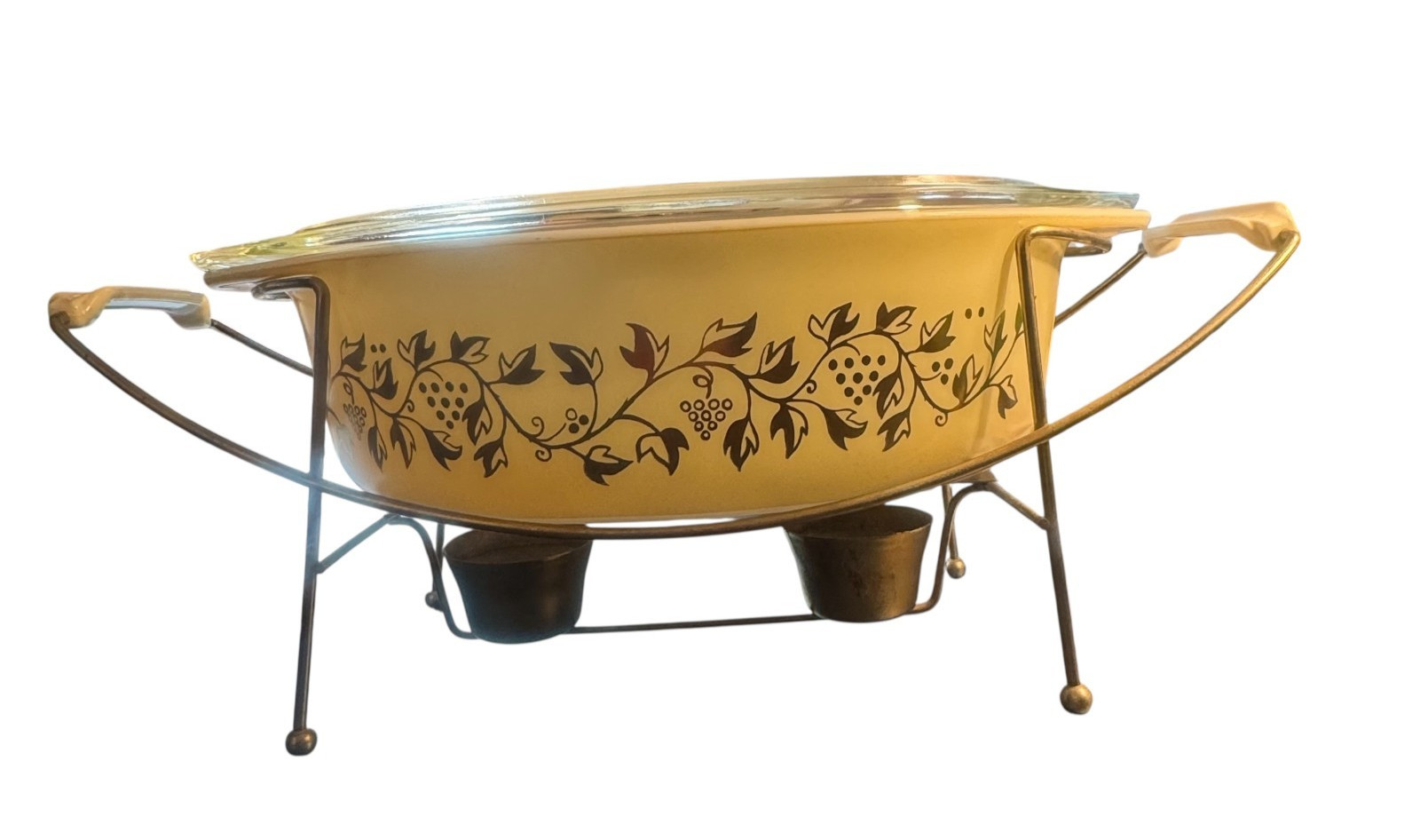 Pyrex GOLDEN GRAPES Casserole 045 Oval 2.5 QT w Lid 2 Candle Cradle