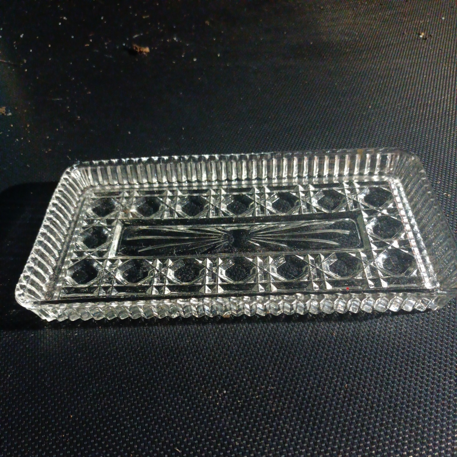 Vintage Federal Glass “Windsor” Button & Cane clear rectangular Trinket Tray
