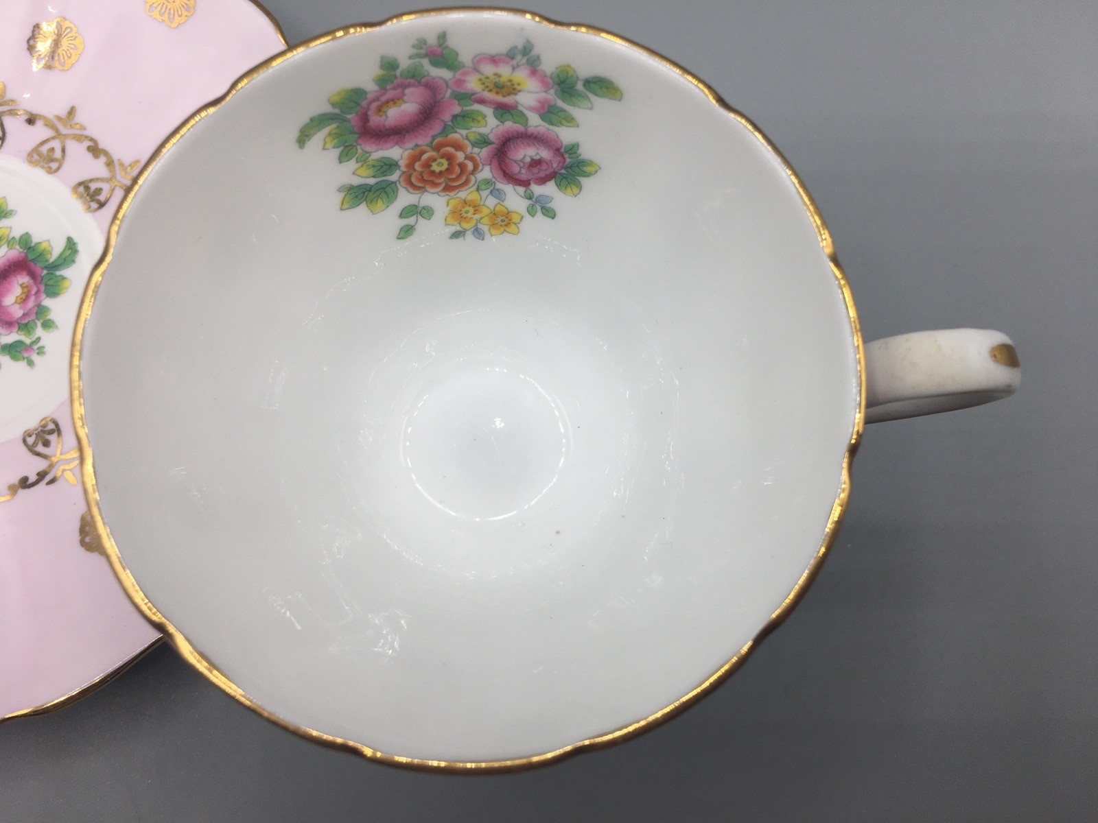 Grosvenor Teacup & Saucer Banded Pink & Gold Floral England Bone China Vintage