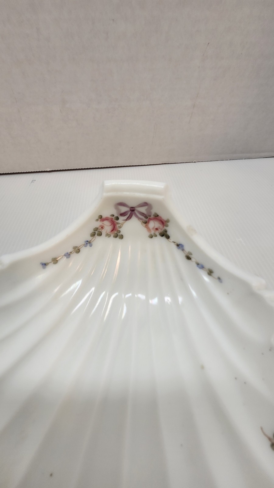 Milk Glass Vintage Shell Dish Footed Hand Painted Roses Bow Floral