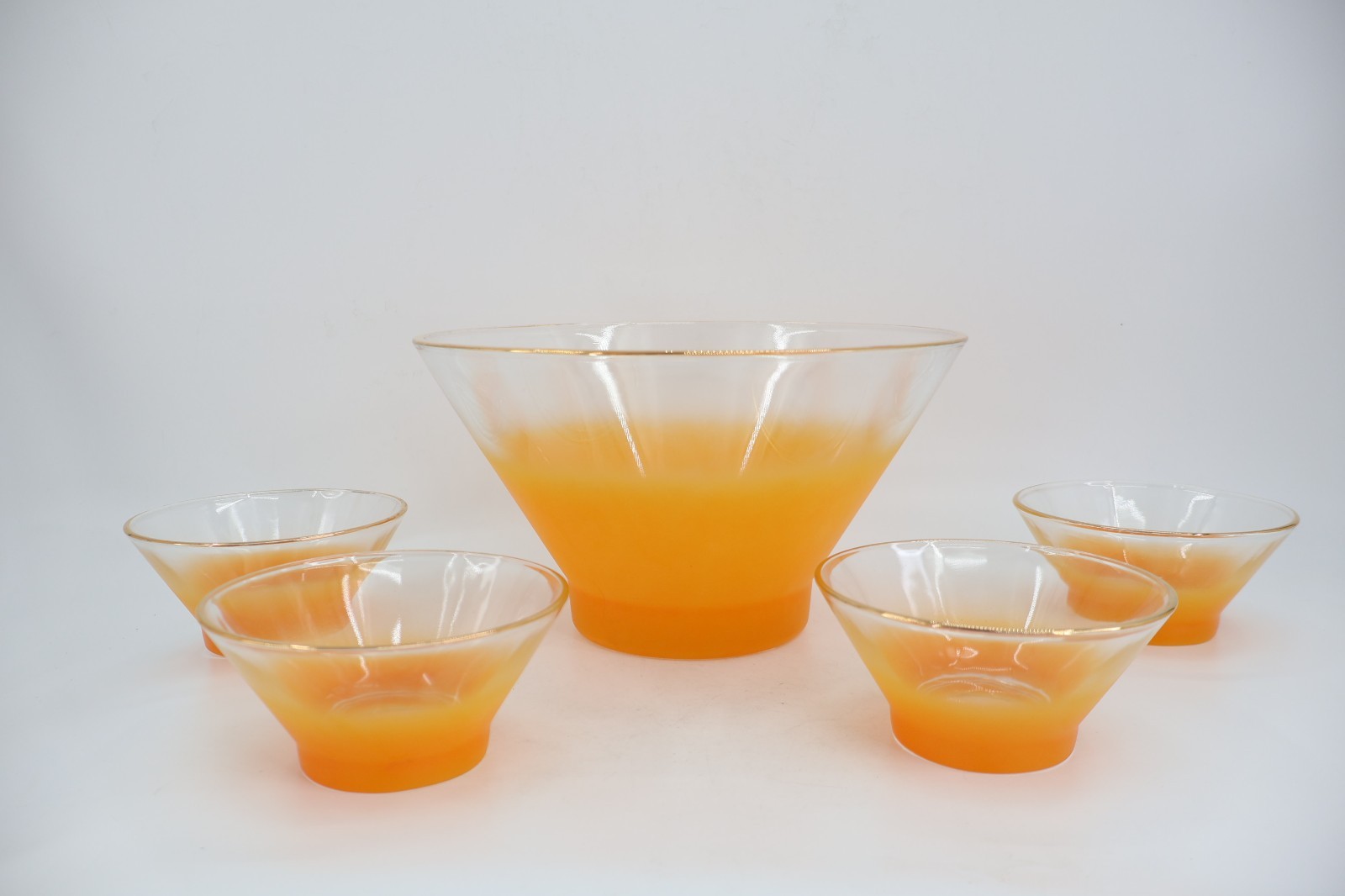 Blendo Frosted Ombre Frosted Glass Gold Trim Serving Bowl & 4 Small Bowls USA