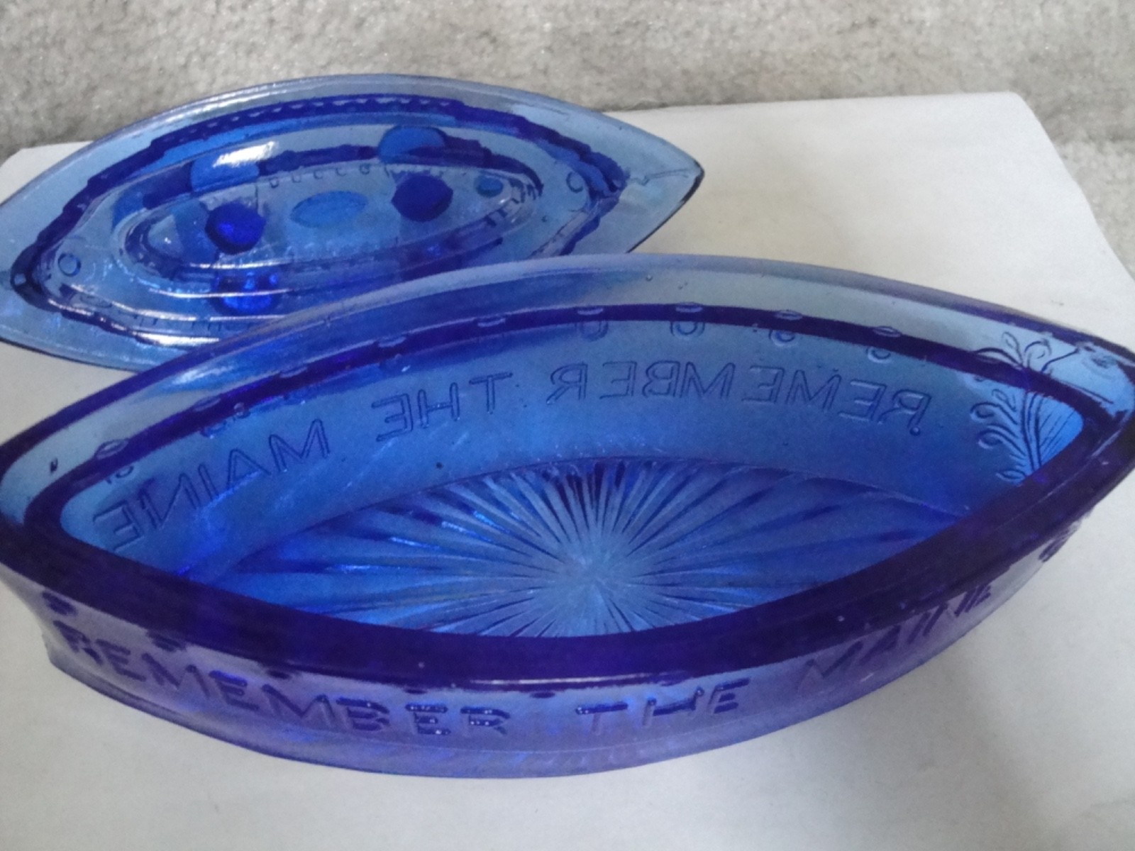 Vintage McKee Remember The Maine Cobalt Blue Battleship Lidded Candy Dish !