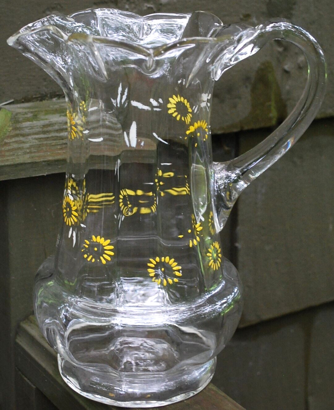Antique Victorian PITCHER Clear Optic Glass FLORAL ENAMELED DAISIES Petal Rim