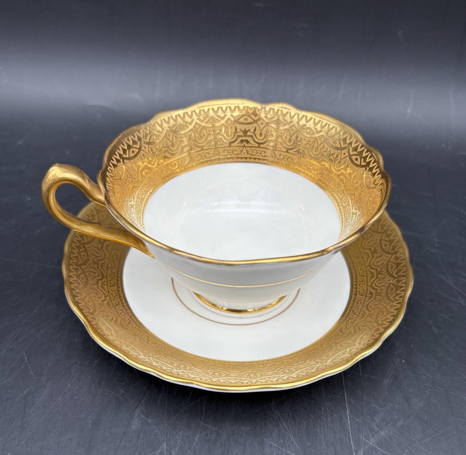 2 Heavy Gold Crown Sutherland Cups & Saucers Imported for C. Reizenstein & Sons