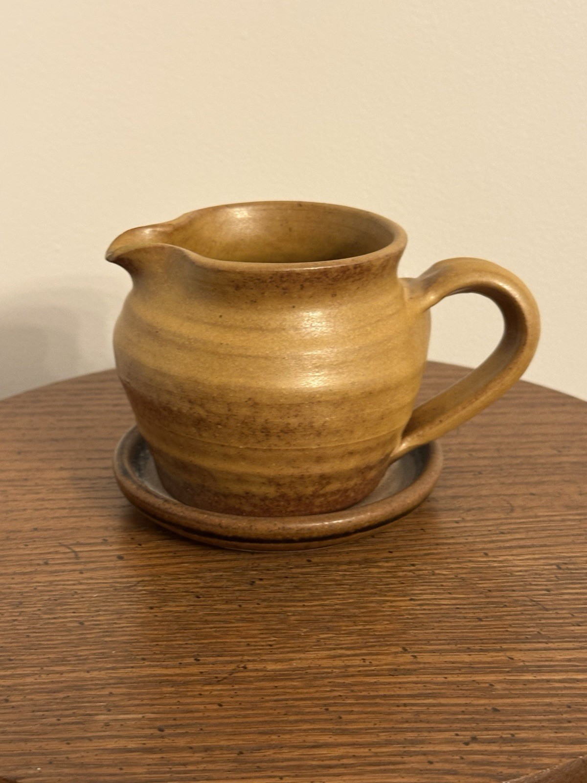 Vintage 60’s Pottery Handmade Small Brown Pitcher/Creamer with Saucer Signed MCM