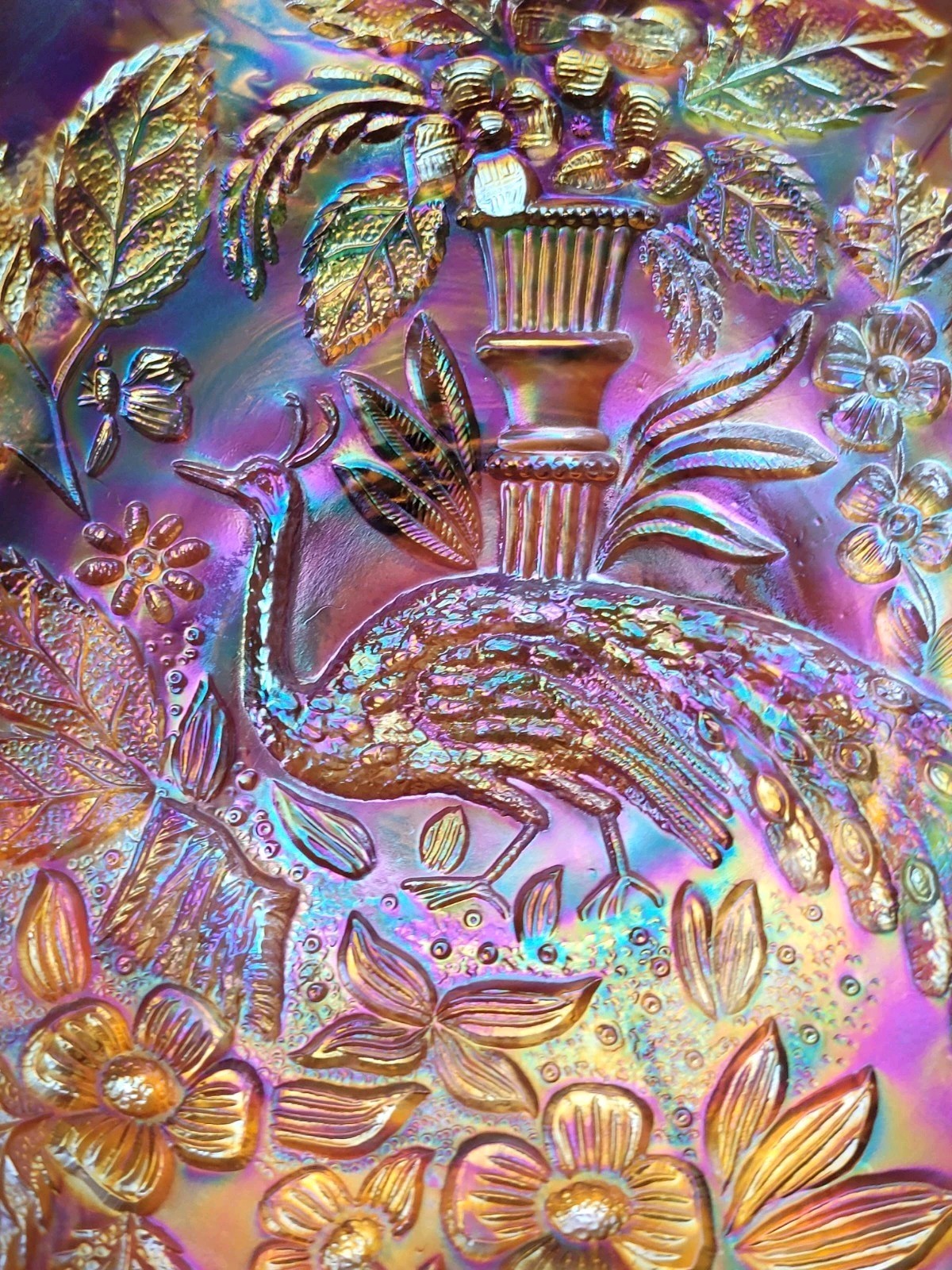 Pretty Dark Marigold Fenton Carnival Glass Peacock & Urn Pattern Bowl