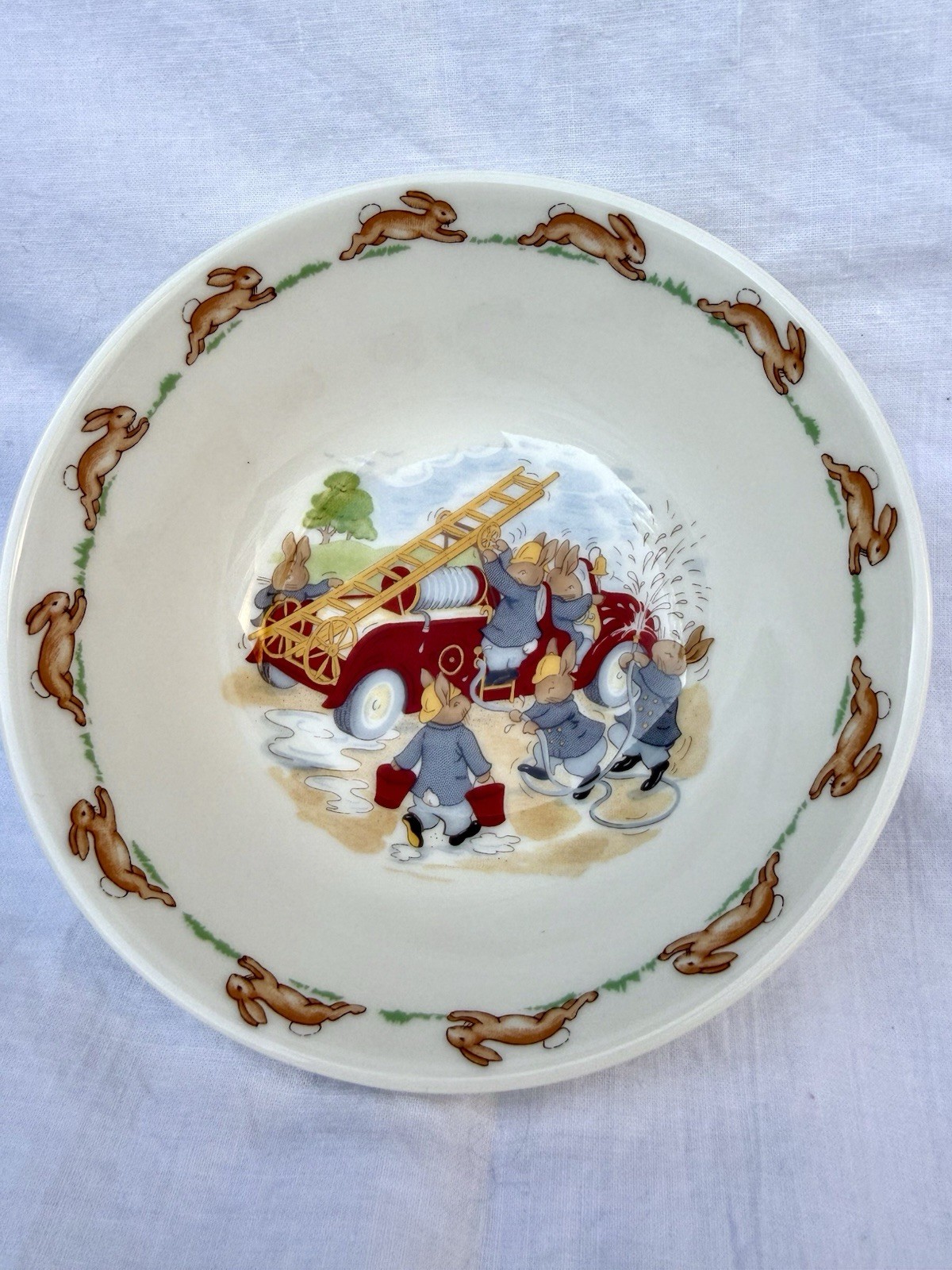 1936 Royal Doulton Bunnykins Bowl Bunny Fire Truck Fighters Fine Bone China
