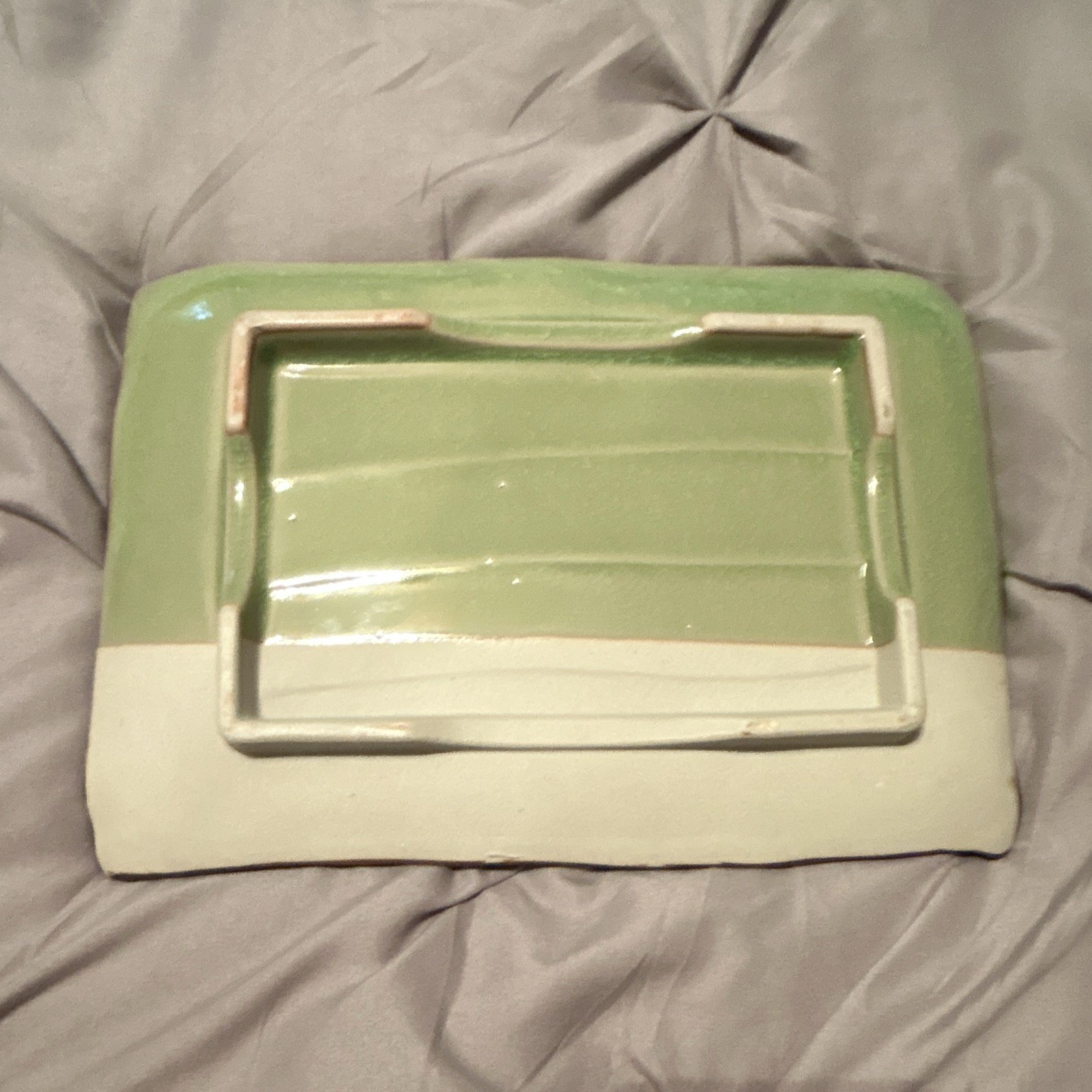 Green Glossy Rectangular Ceramic Dish, Decorative Character Pattern, 1pc
