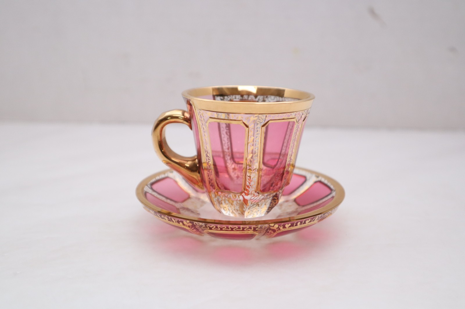 Moser Bohemian Cabochon Pink & Gold Floral Demitasse Espresso Tea Cup & Saucer