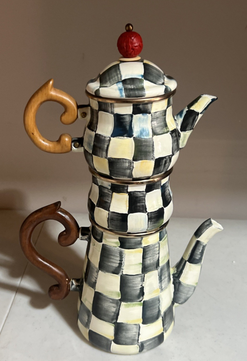 MacKenzie Childs Courtly Check Coffee Pot Set Sugar Creamer Enamel STACKABLE
