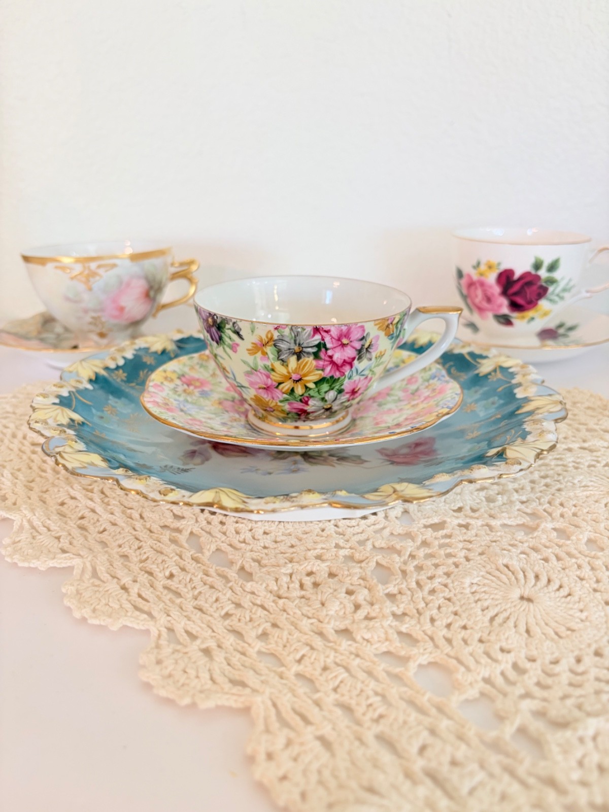 Bohemia Porcelain Hand Painted Rose Cabinet Plate Teal Blue Gold Gilt 9″