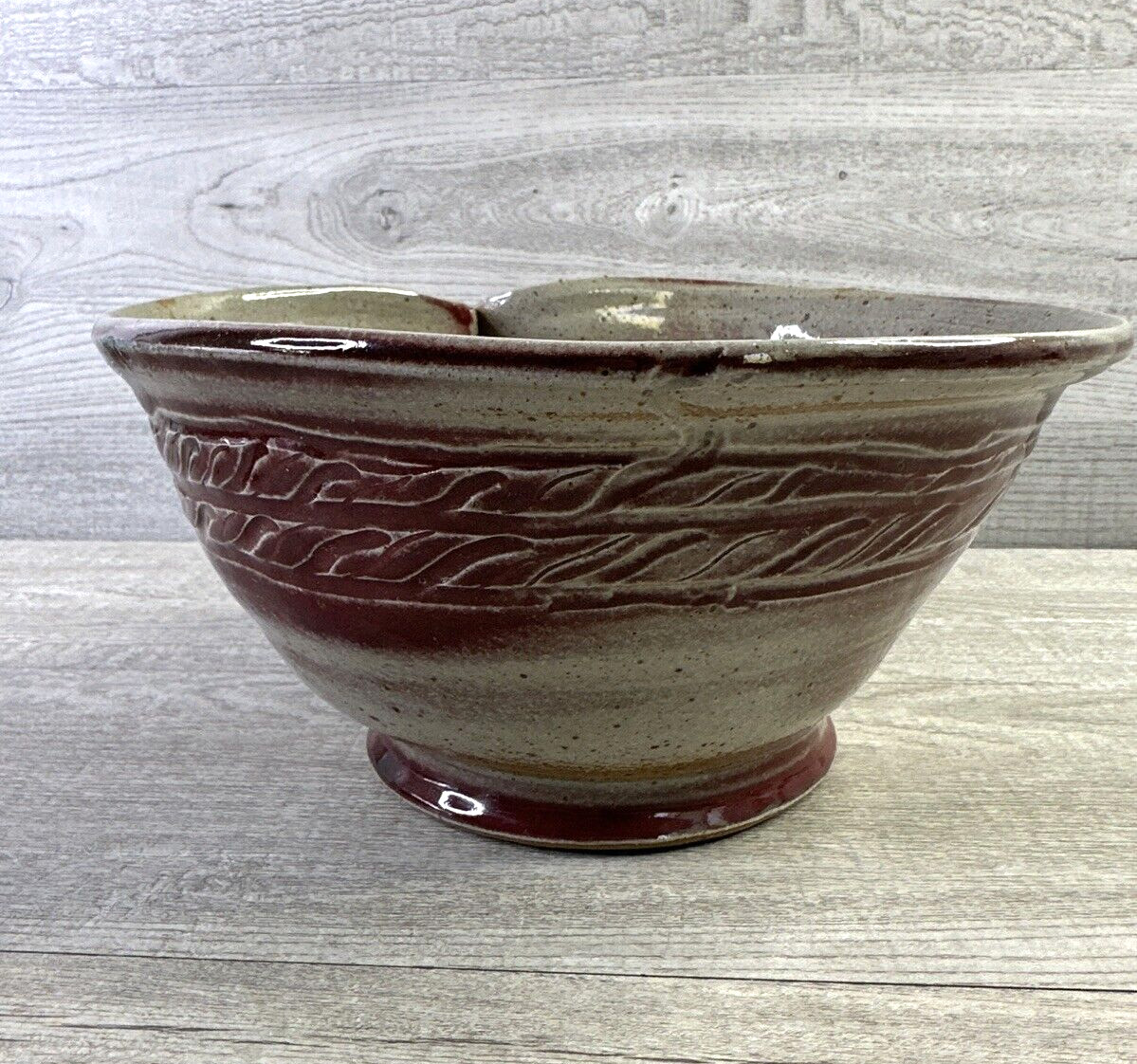 Studio Made Pottery Bowl Pinched Side Red Gray Abstract Design Signed