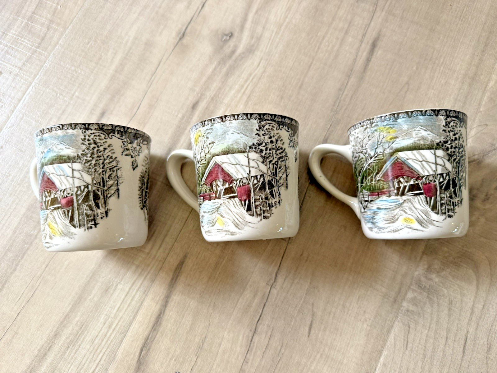 The Friendly Village Johnson Brothers Mugs England Covered Bridge Set Lot of 6