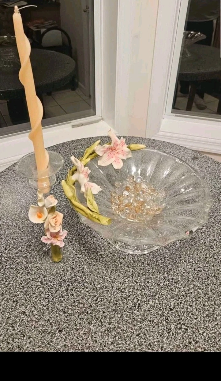 Vintage Floral Centerpiece Glass Pedestal Bowl & Matching Porcelain Lily Candle