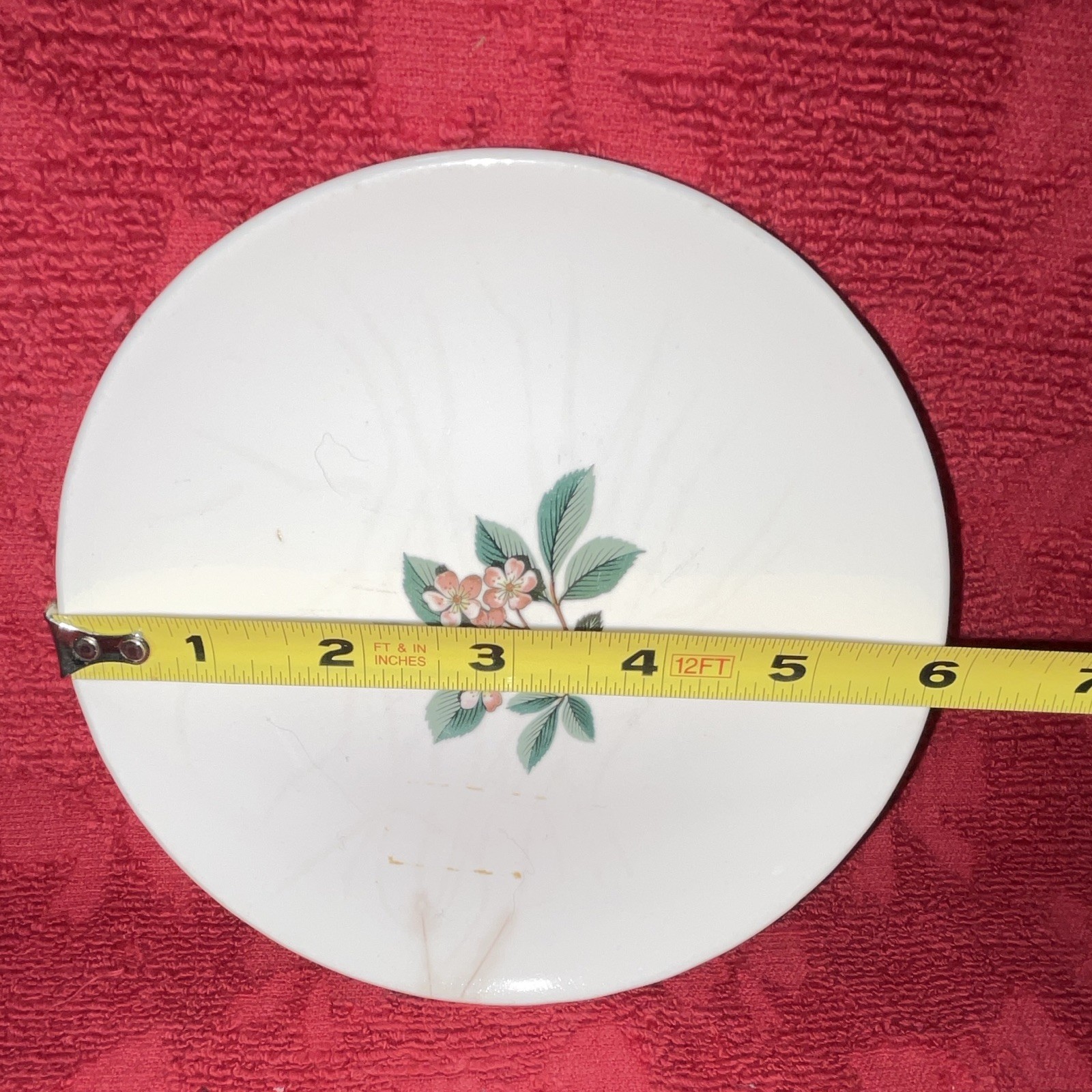 White Pink Green Floral Ceramic Plate 6in Round Glossy Flower Pattern