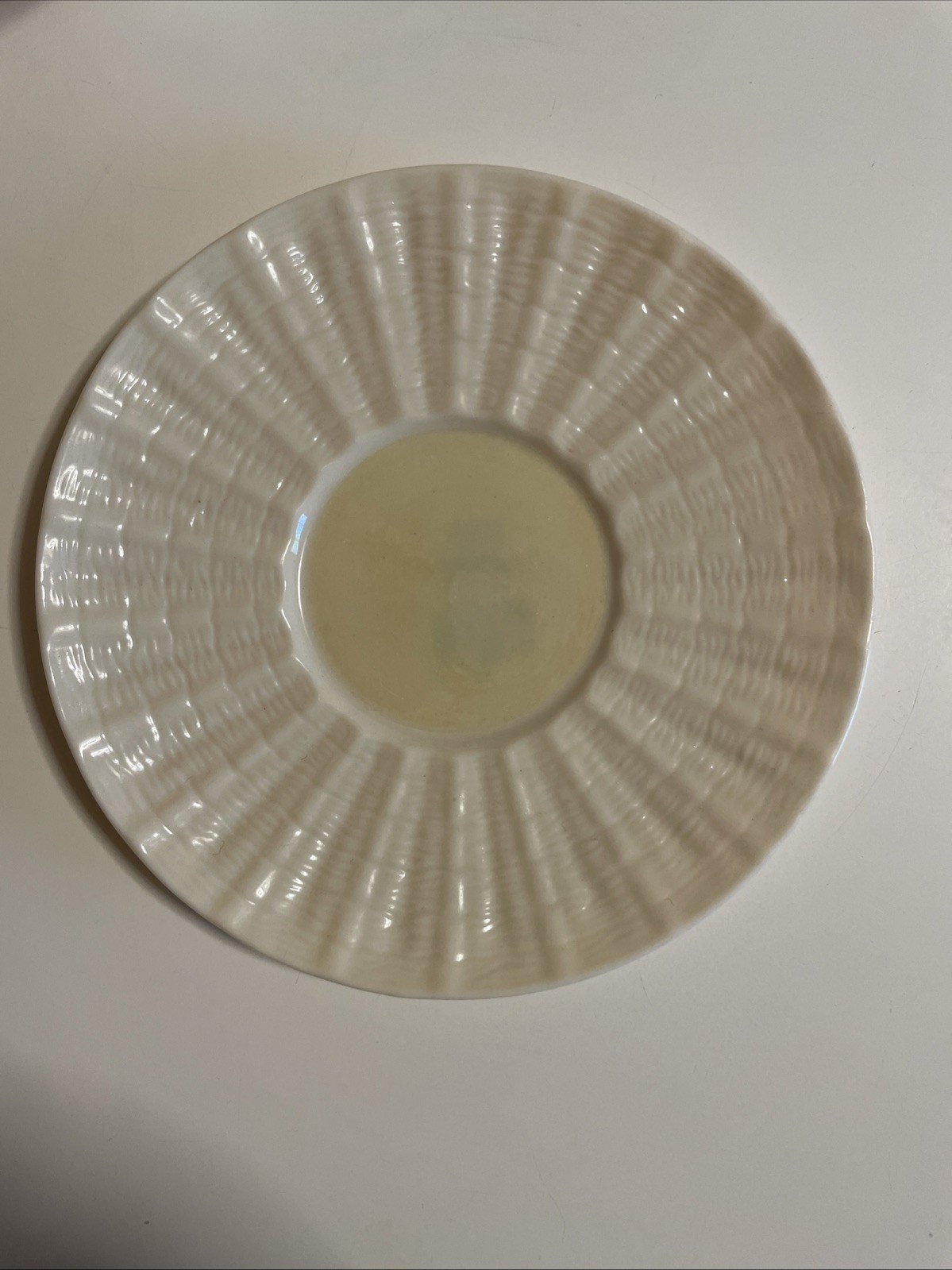 BELLEEK Neptune Yellow Shell Cup and Saucer 4th Gen Green Mark from 1946 -1955
