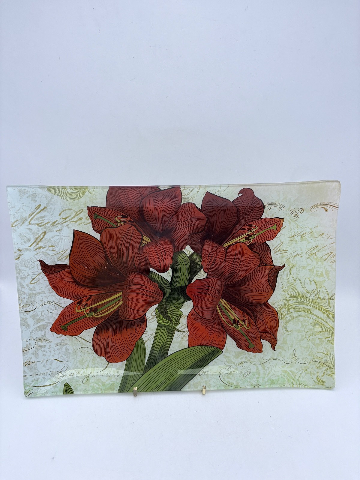 Ashland Holiday Home Accents Red Amaryllis Reverse Painted Glass Tray/Platter