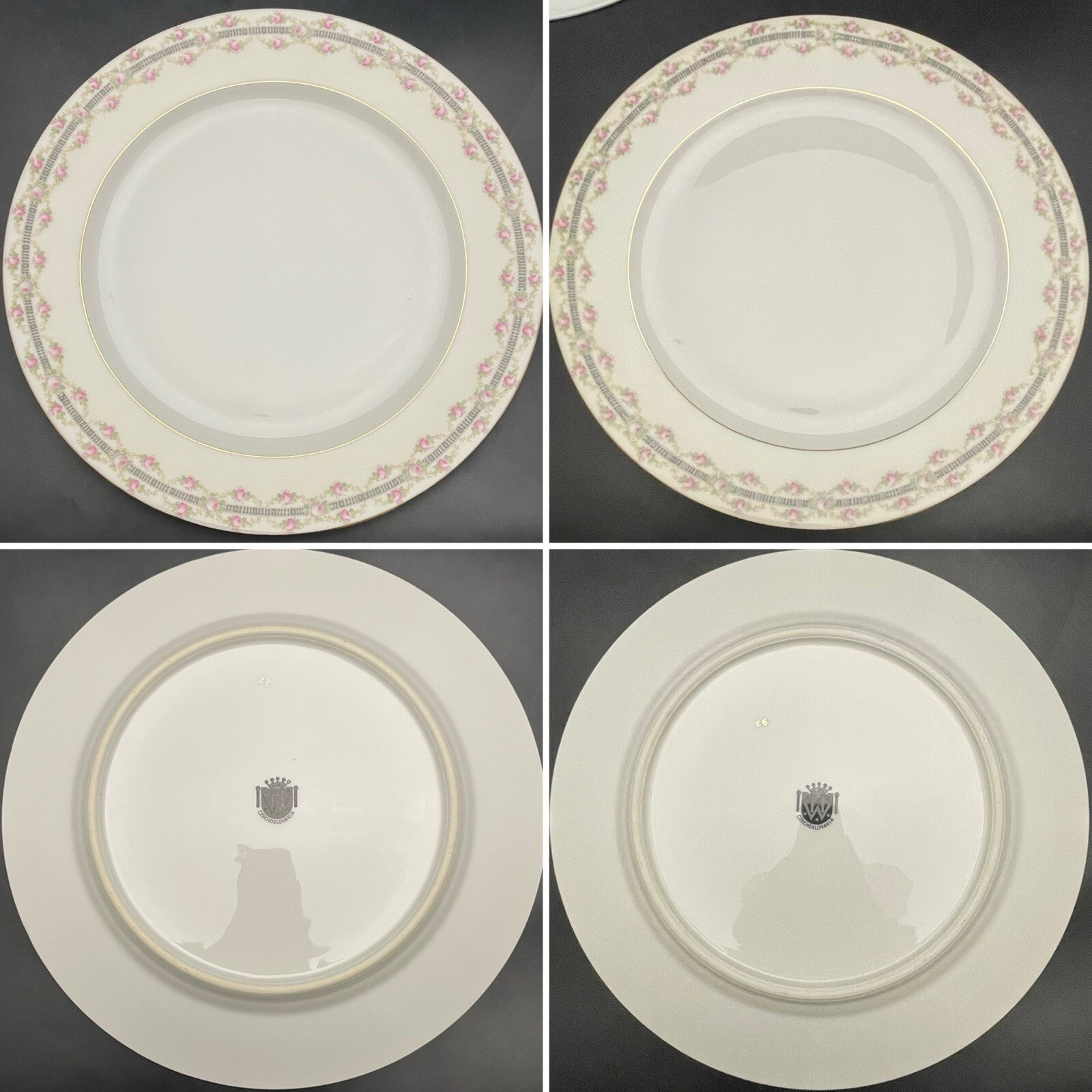 HW Crown Bohemian Rose Vines Dinner Plates 2pc Set Czechoslovakia 5″dia