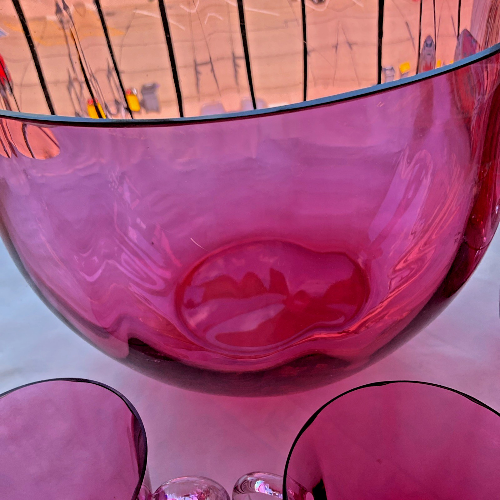Antique Cranberry Pink Glass Punch Bowl Set w/ 10 Handled Cups Pilgrim Optic