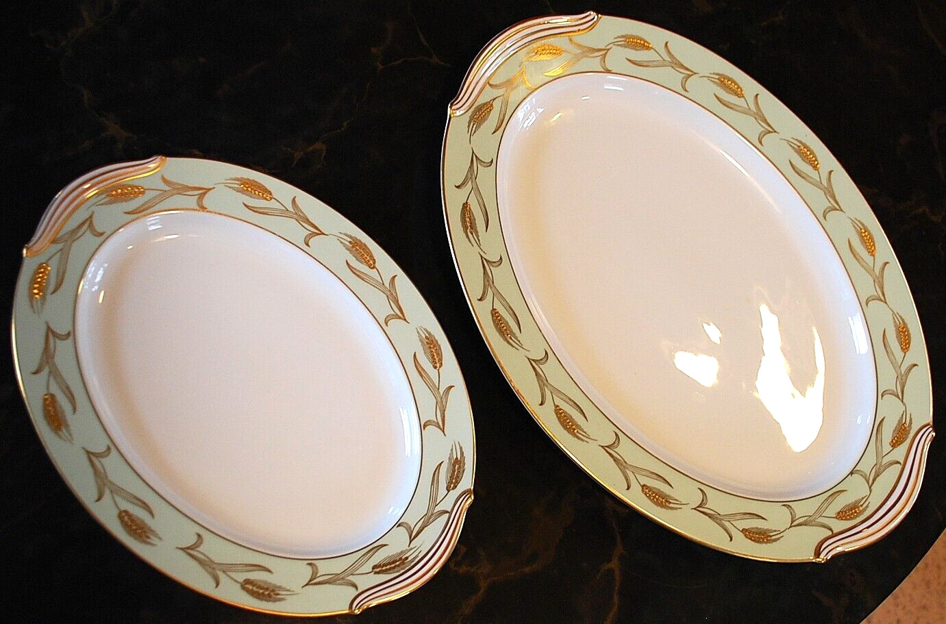 Set 2 Vintage Noritake ALICE Platters 16″ & 12″ GOLD WHEAT ON AQUA BAND c1951
