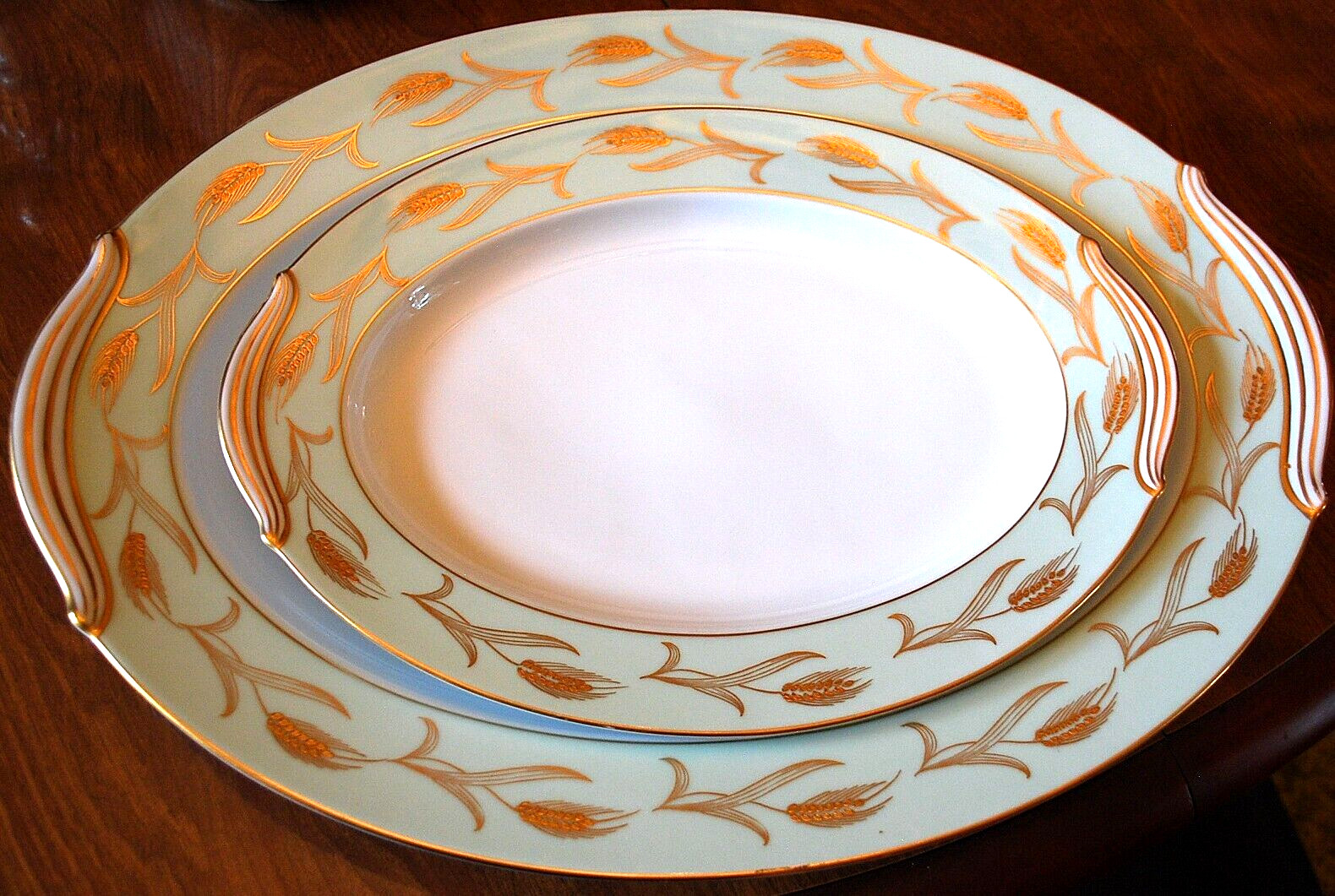 Set 2 Vintage Noritake ALICE Platters 16″ & 12″ GOLD WHEAT ON AQUA BAND c1951
