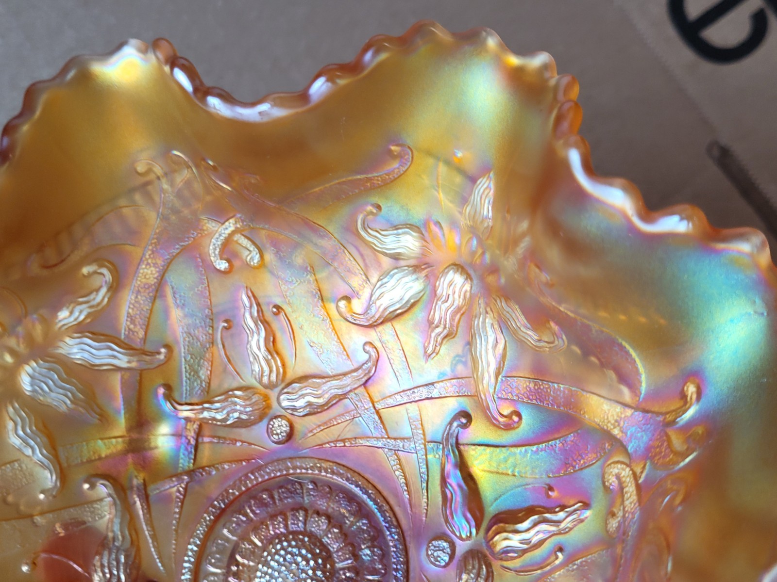 Pretty Marigold Northwood Carnival Glass Wishbone Bowl Ruffles n Rings EX.