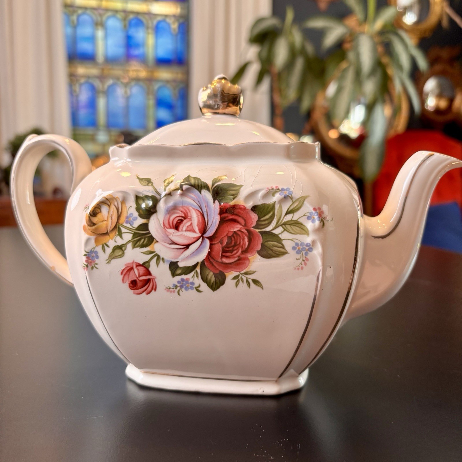 Vintage Sadler England Cube Ceramic Teapot Cabbage Rose Pattern Gold Trim
